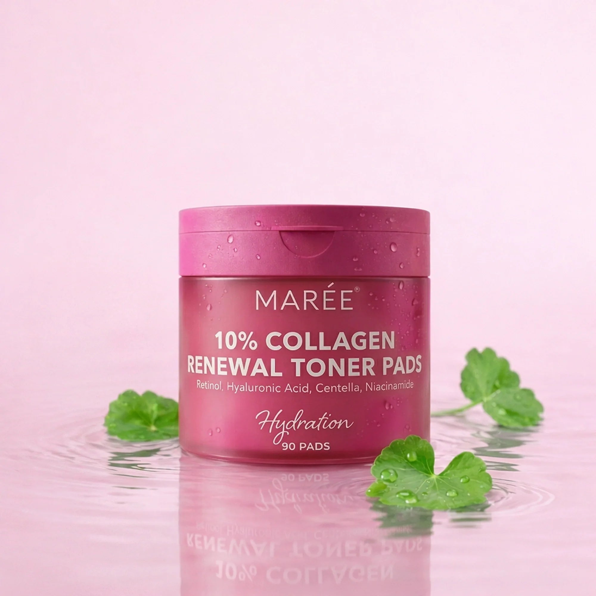 Jar of Maree 10% Collagen Renewal Toner Pads on a pink background with green leaves.