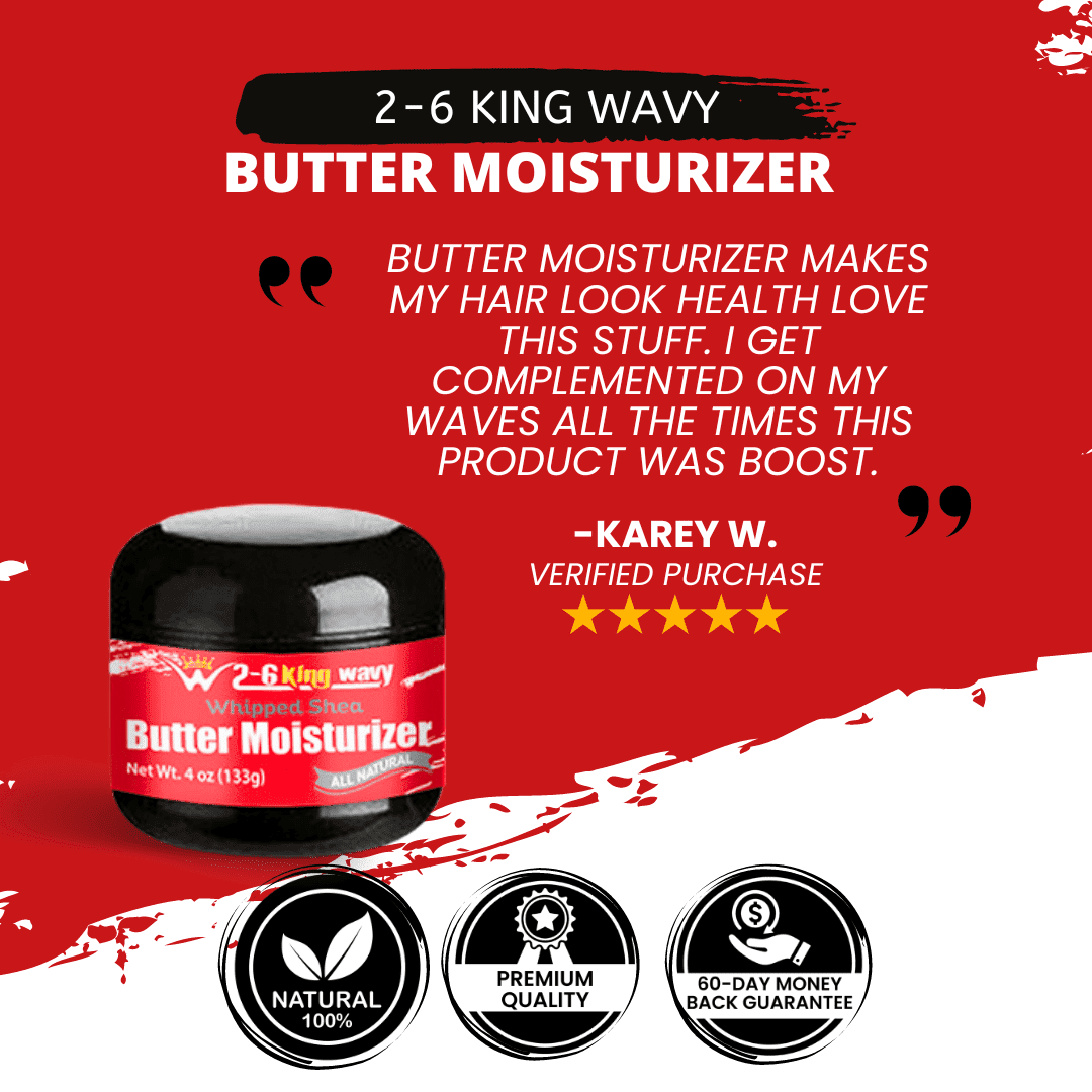 2-6 King Wavy Butter Moisturizer with customer review on a red background