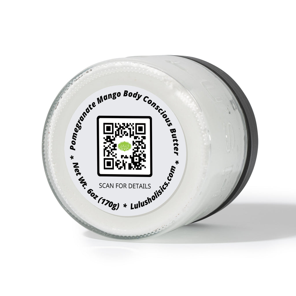 Jar of Pomegranate Mango Body Conscious Butter with a QR code label on a white background