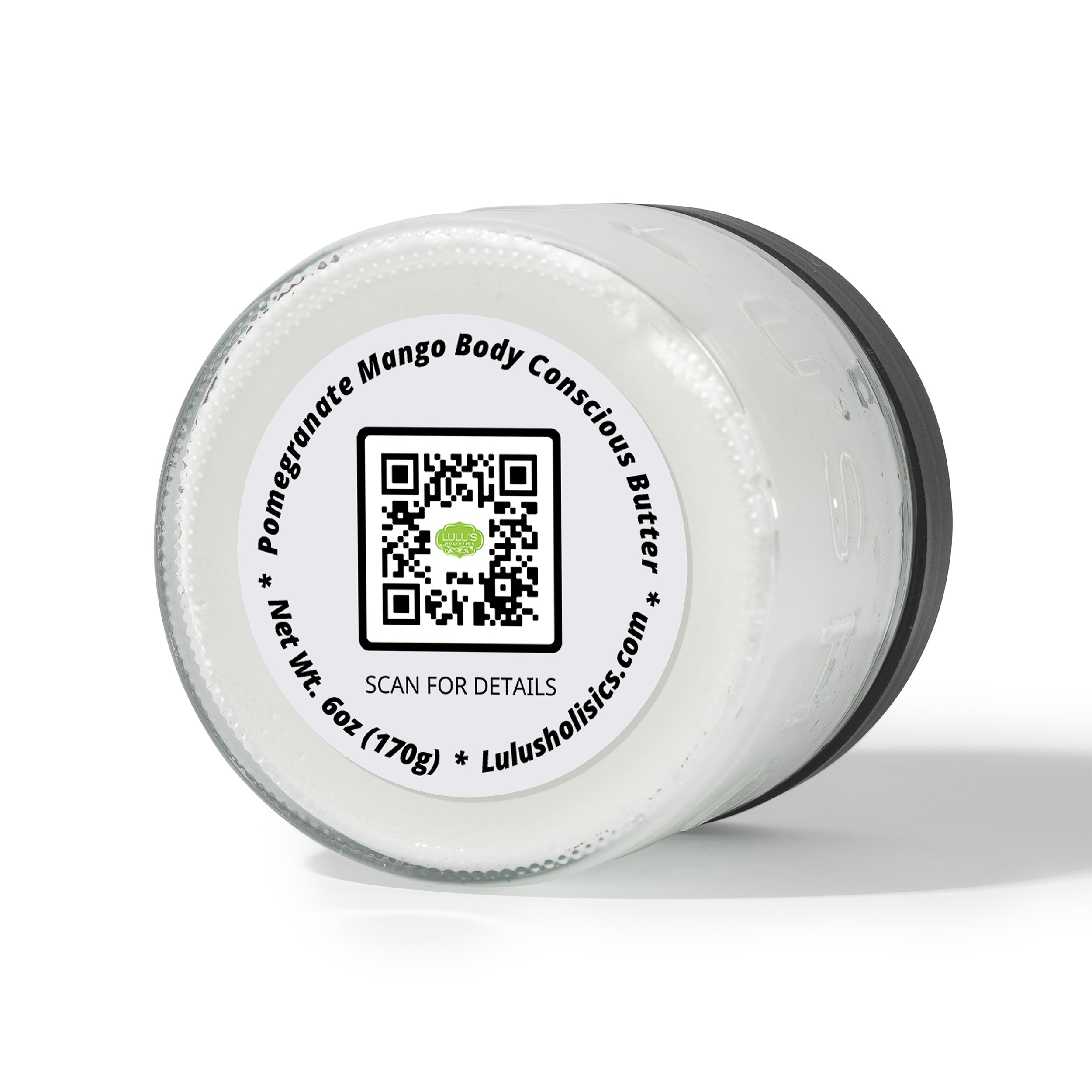 Jar of Pomegranate Mango Body Conscious Butter with a QR code label on a white background