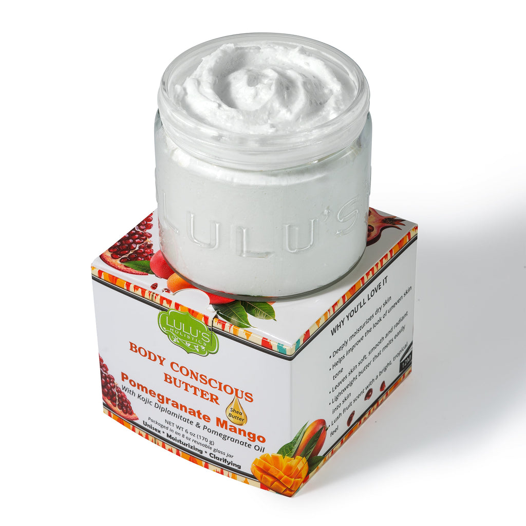 Jar of body butter with packaging on a white background