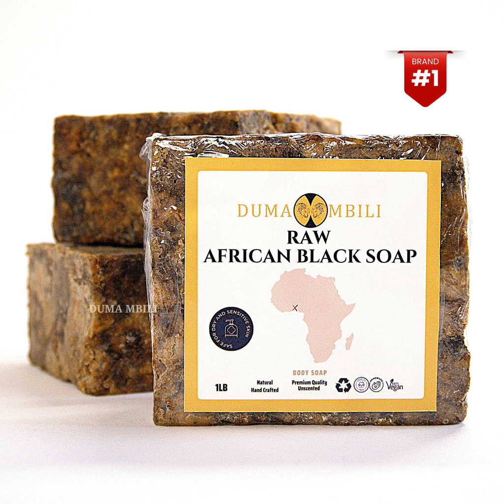 A wrapped bar of Duma Mbuli Raw African Black Soap in the foreground, with two additional soap bars stacked behind it on a clean white background. A red '#1 Brand' badge is in the top right corner.