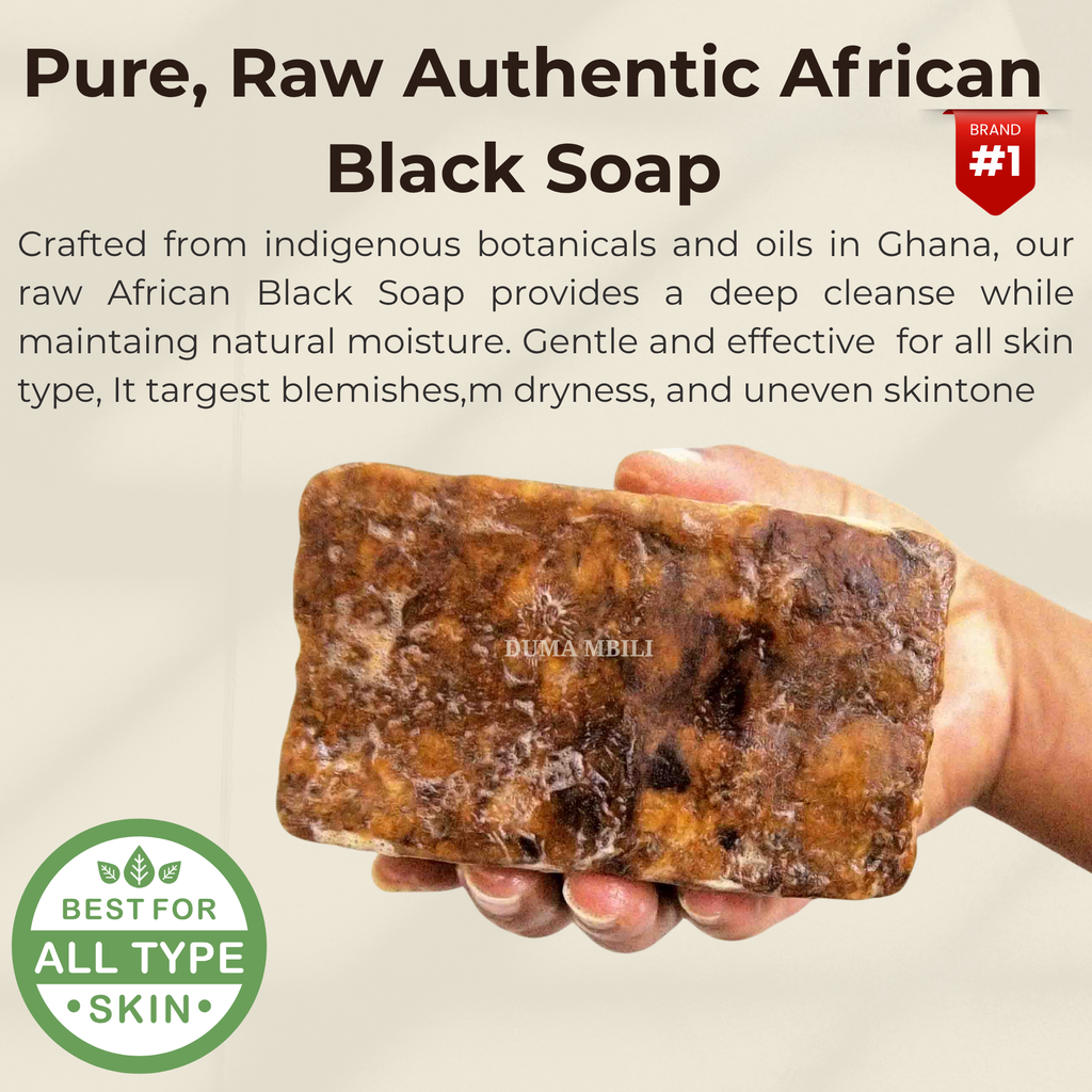 A hand holding a rectangular bar of dark brown to black soap with a mottled, textured surface. The image includes promotional text at the top reading 'Pure, Raw Authentic African Black Soap' and a green badge at the bottom left that says 'Best for All Type Skin'.