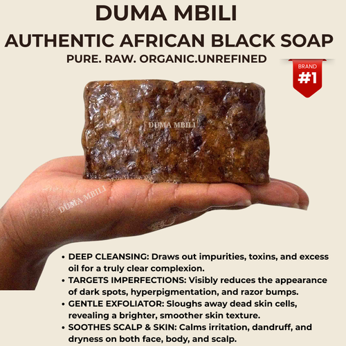 A hand holding a rectangular bar of Duma Mbili authentic African black soap, with text overlays describing its deep cleansing and skin benefits on a beige background.