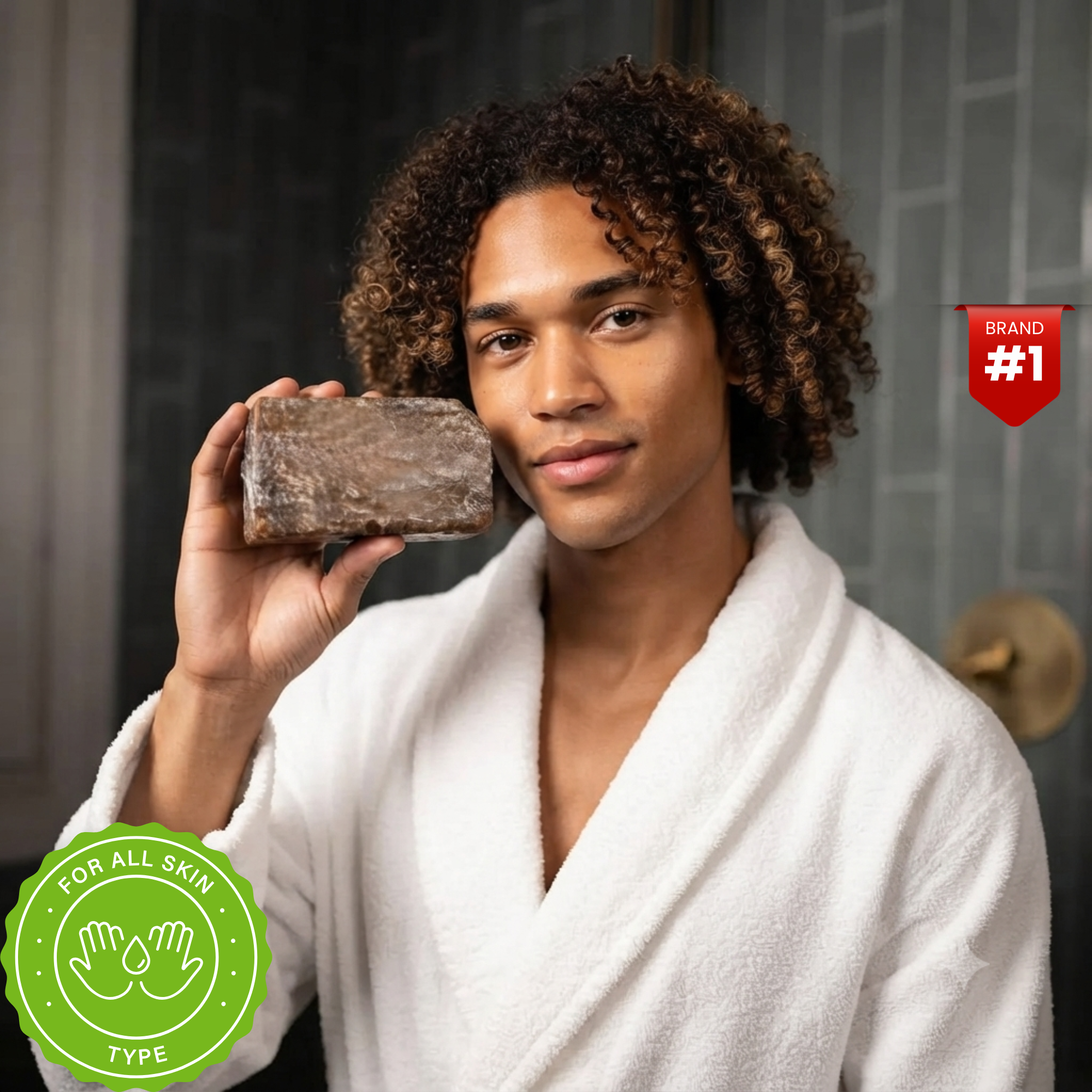 A man with curly hair wearing a white bathrobe holds up a rough, rectangular bar of soap. The background is a dark gray tiled wall, and there are promotional badges in the corners: a red '#1' badge and a green 'FOR ALL SKIN TYPE' badge.