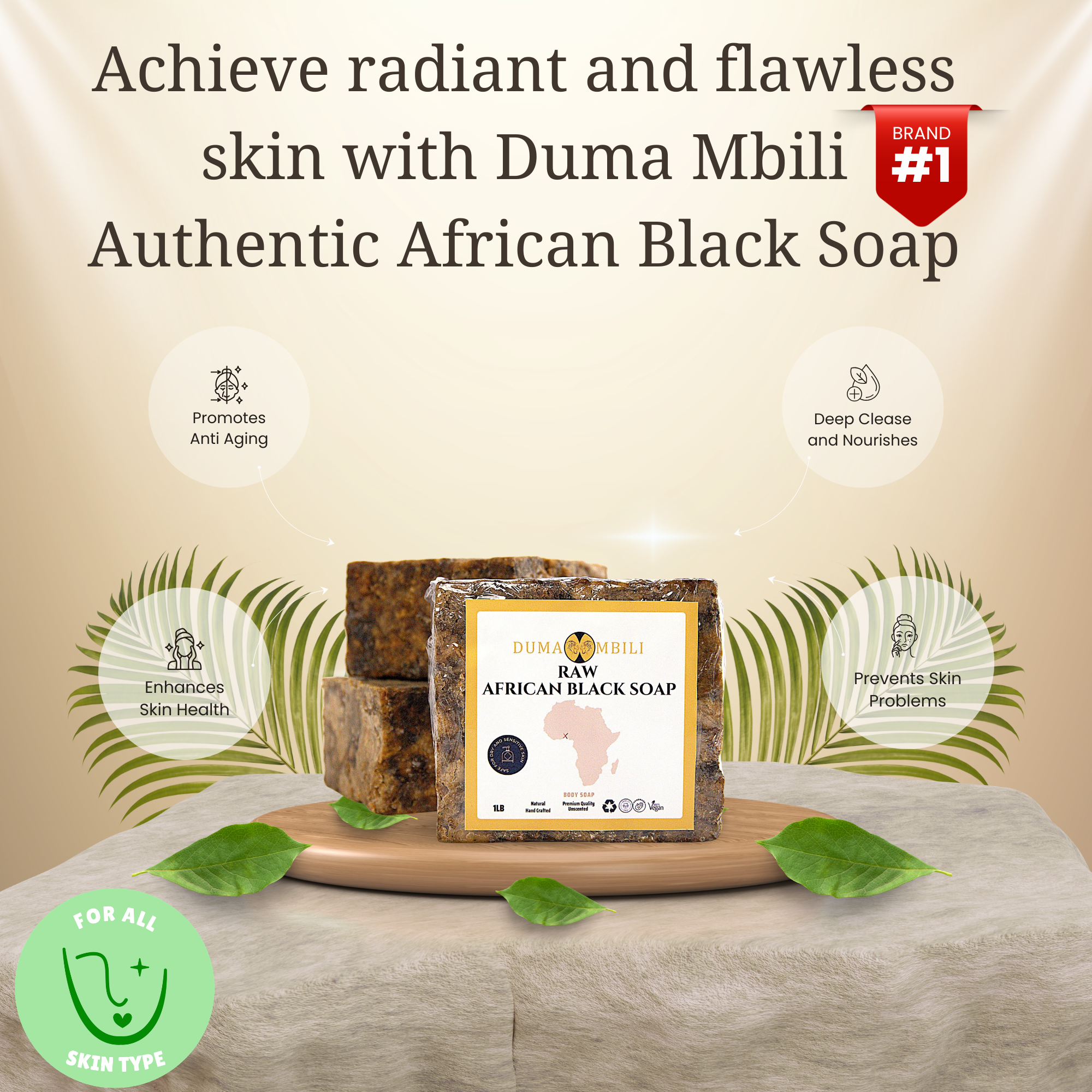 A bar of Duma Mbili Raw African Black Soap displayed on a wooden board with green leaves on a beige surface, set against a warm beige background with promotional text and icons.
