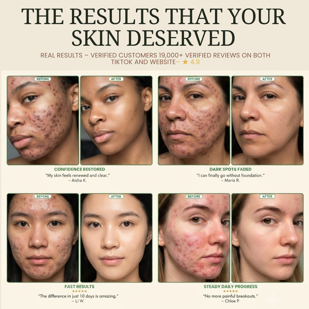 A promotional graphic with the headline 'THE RESULTS THAT YOUR SKIN DESERVED' above eight before-and-after skin photos showing facial acne, dark spots, and clearer skin. Small review quotes and names appear beneath some panels.