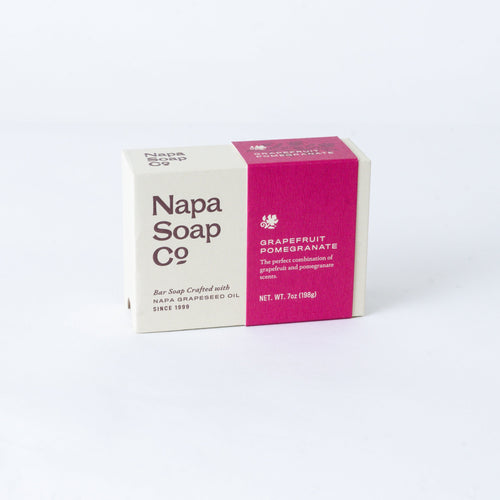 Napa Soap Co. grapefruit pomegranate soap bar packaging on a white background