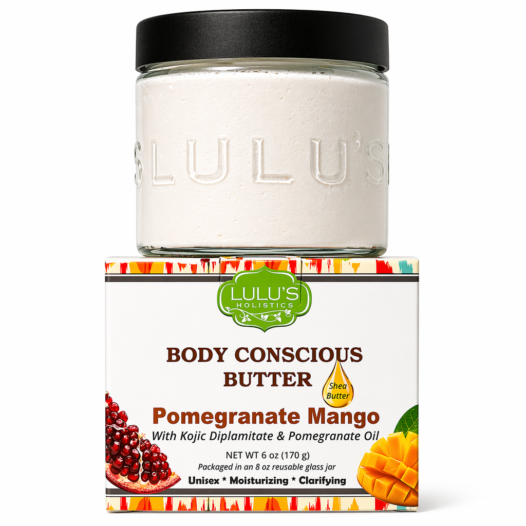 Jar of Lulu's Body Conscious Butter with packaging on a white background