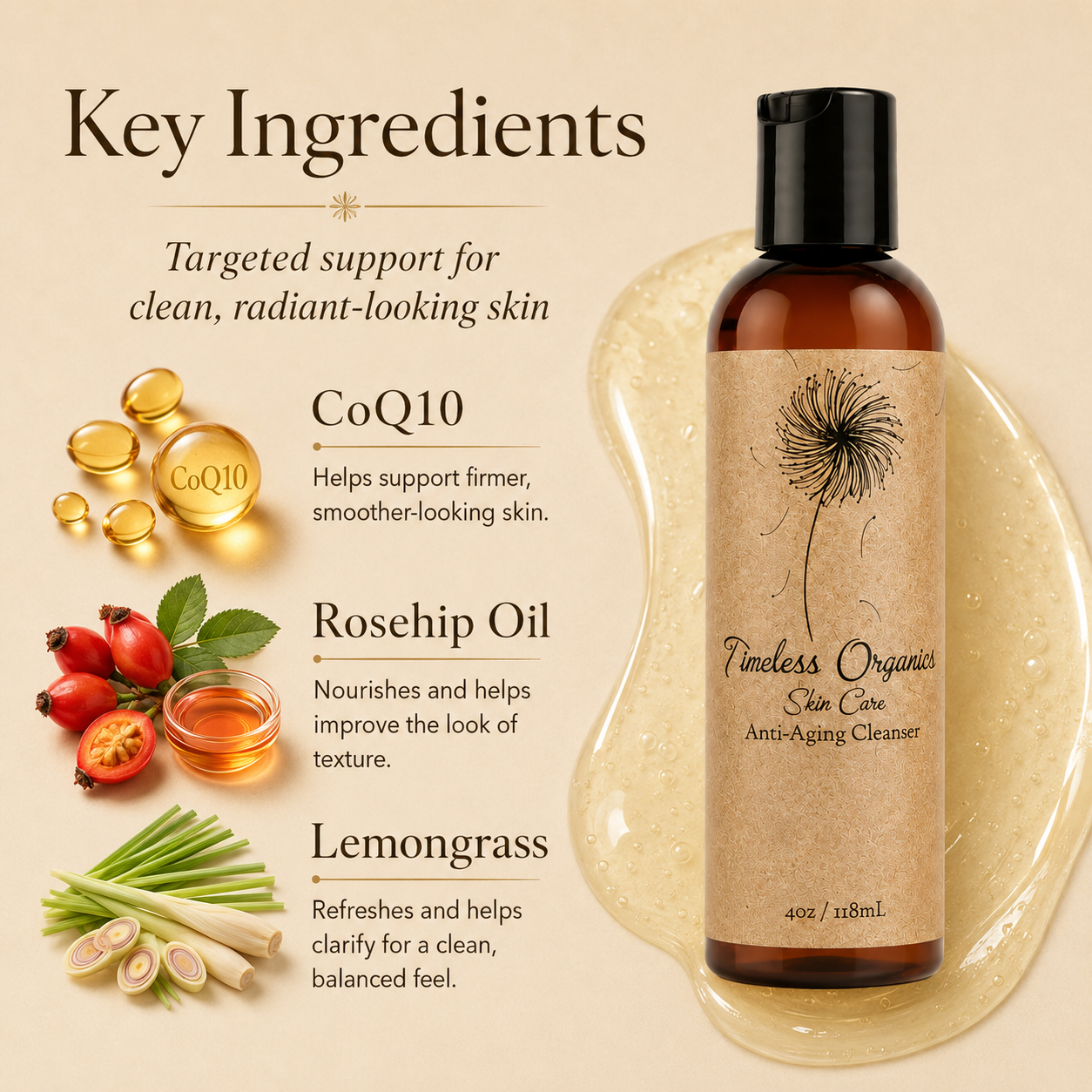 An amber bottle of Timeless Organizer Skin Care Anti-Aging Cleaner with a black cap, shown on a beige background with a translucent gold gel shape. The left side features marketing text and ingredient illustrations including CoQ10 capsules, rosehip oil, and lemongrass.