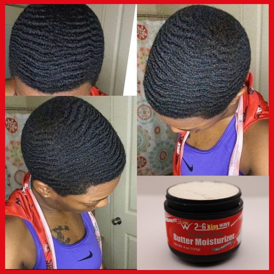 Collage of a person with styled hair and a jar of W2G King Wayne butter moisturizer.