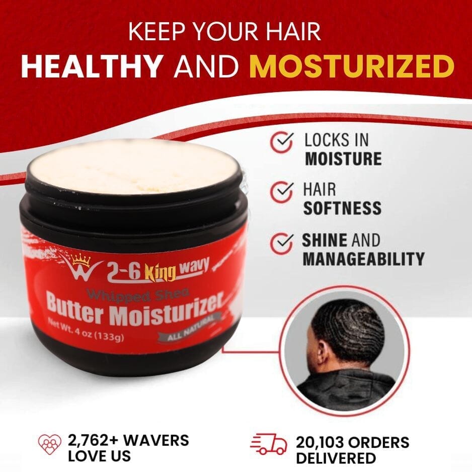 Butter moisturizer jar with promotional text on a red and white background