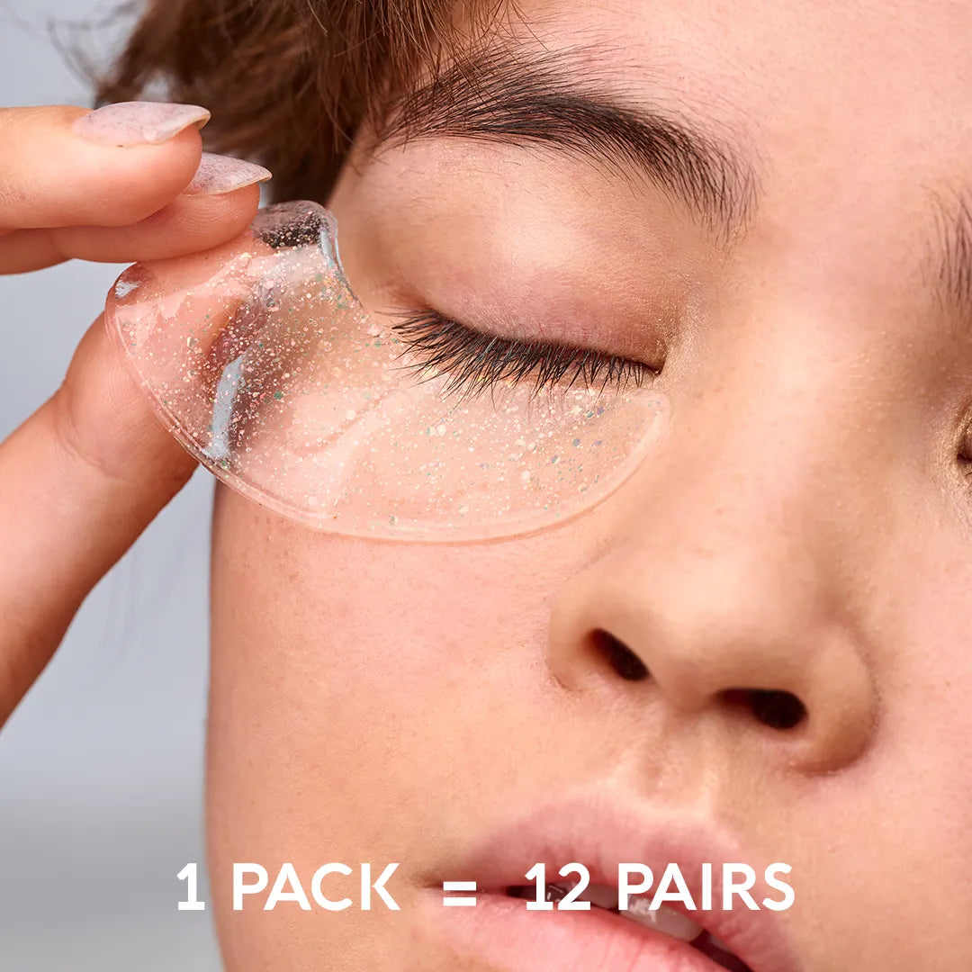 Person applying eye patches with text indicating quantity