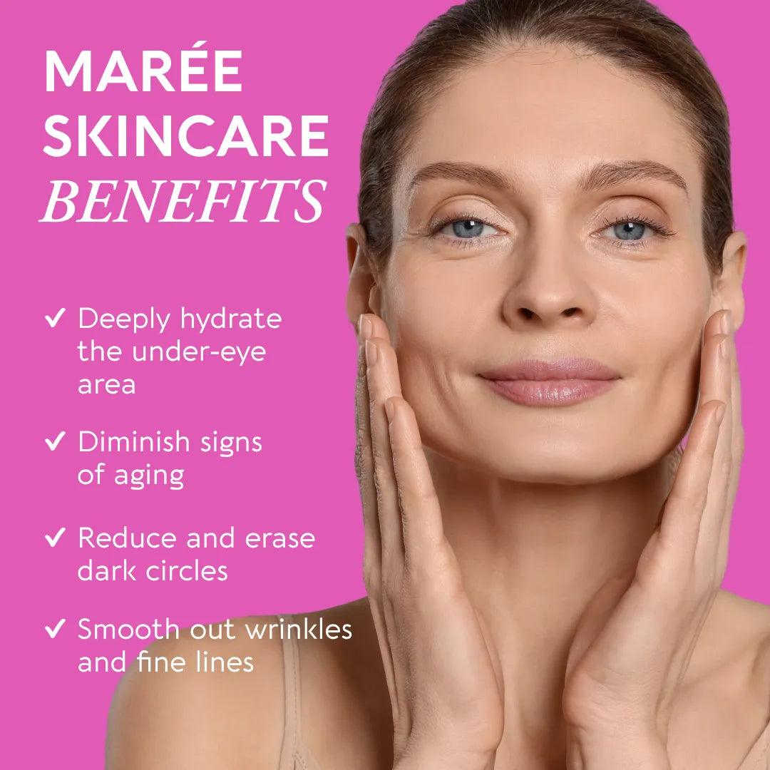 Woman with smooth skin on a pink background with text about Maré Skincare benefits.