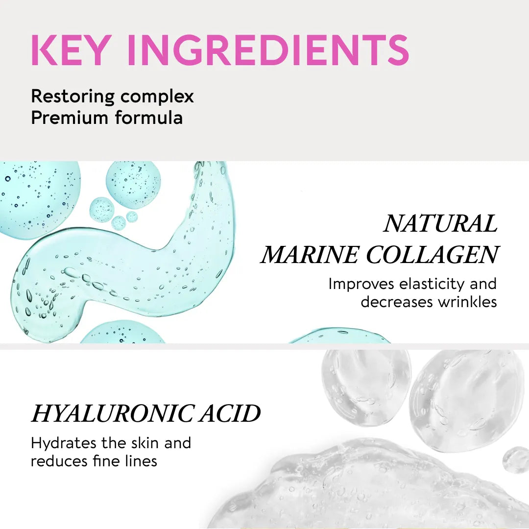Product label highlighting key ingredients with text and images of marine collagen and hyaluronic acid.