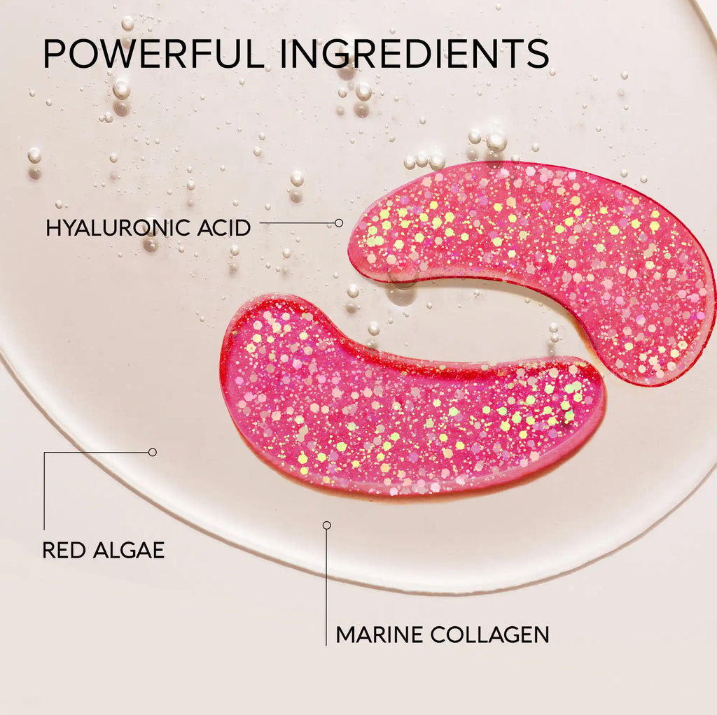 Pink gel with glitter labeled as 'Hyaluronic Acid', 'Red Algae', and 'Marine Collagen' on a white background.
