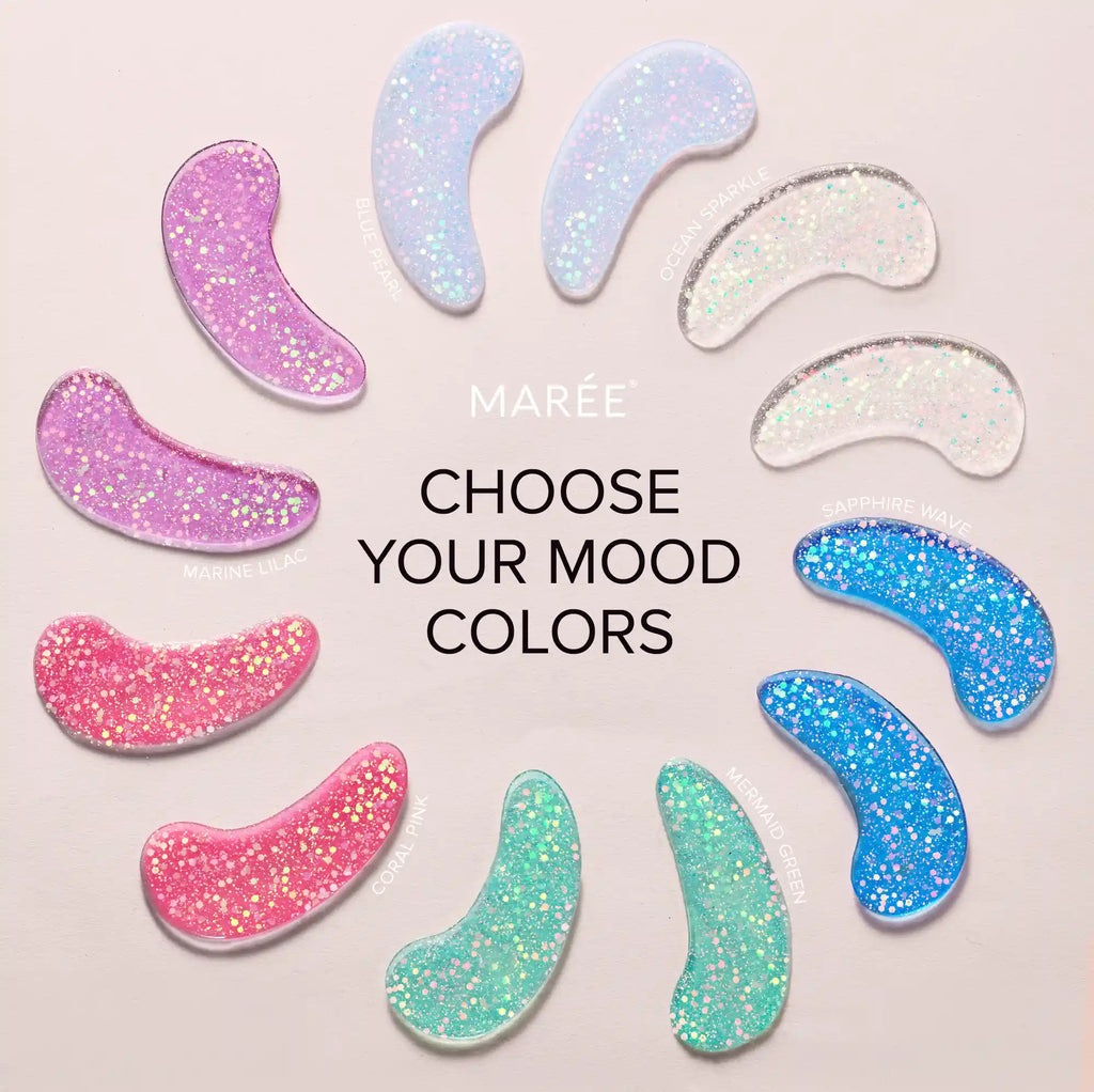 Glittery eye patches in various colors with 'Maree' branding and text 'Choose Your Mood Colors'.