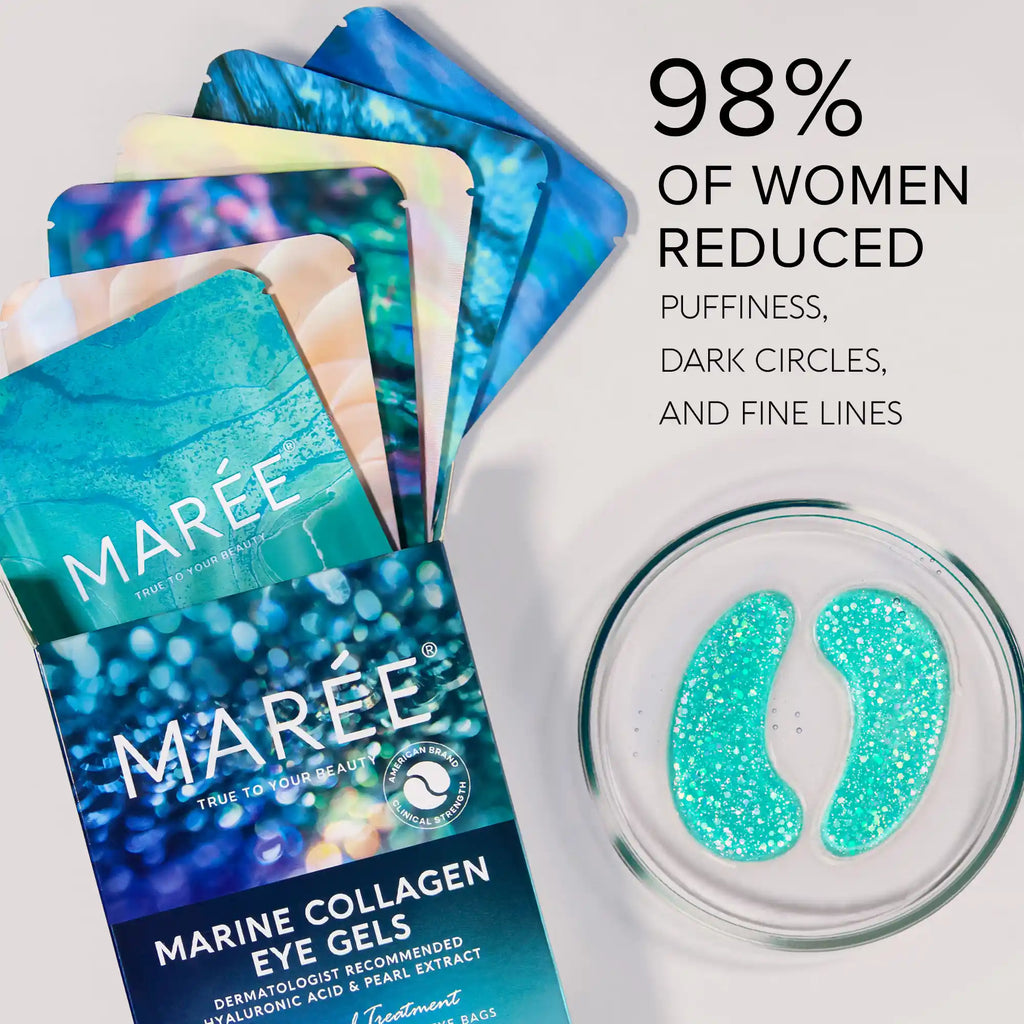 Marée Marine Collagen Eye Gels packaging with eye gels in a dish on a light background