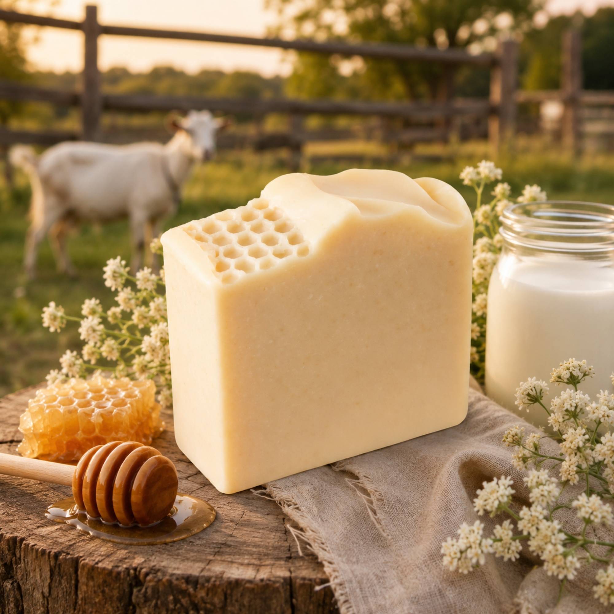 A rectangular bar of creamy off-white soap with a honeycomb texture on top, styled on a rustic wooden stump with a honey dipper, a jar of white honey, and wildflowers, with a blurred goat and fence in the background.