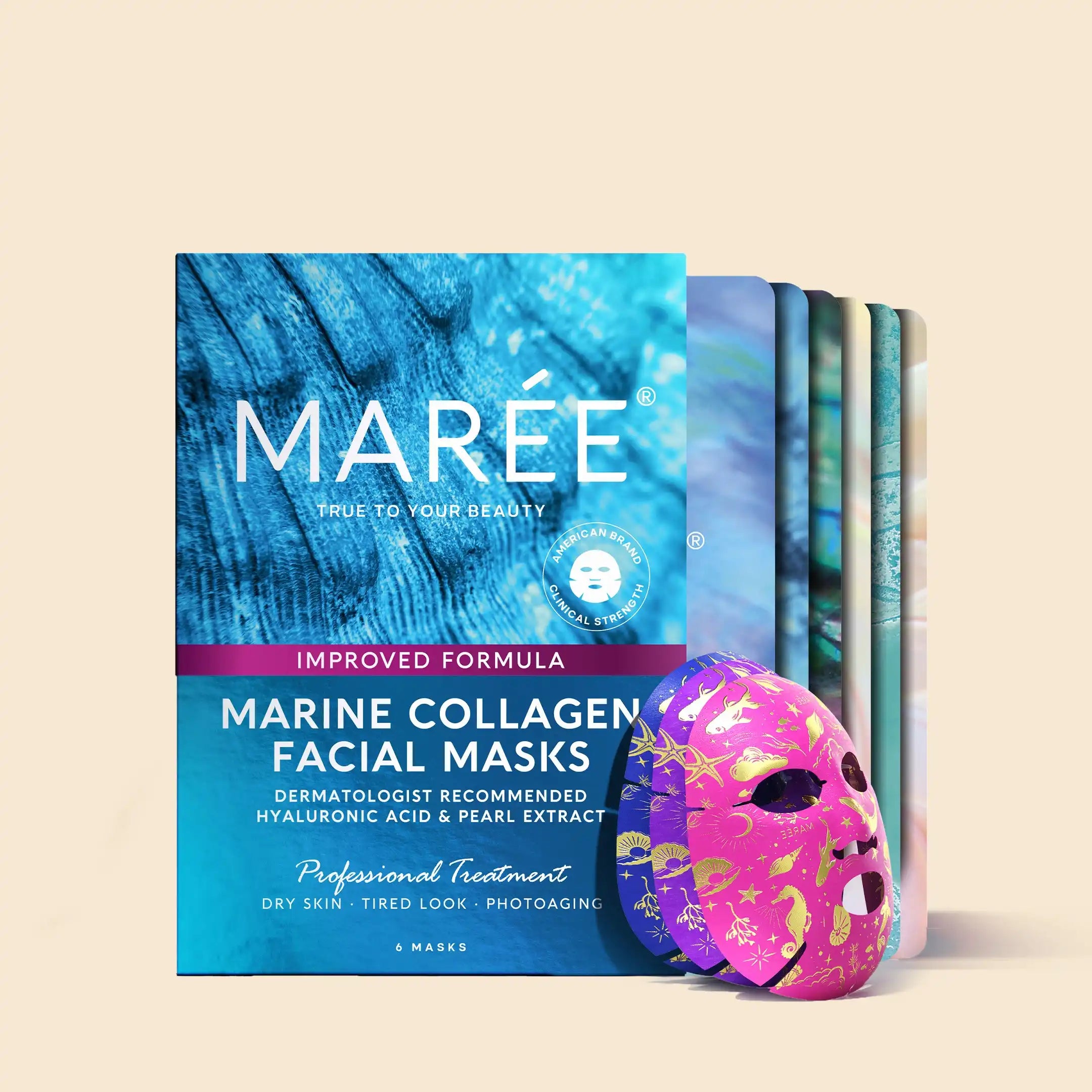 Marée marine collagen facial masks with a colorful mask on a beige background