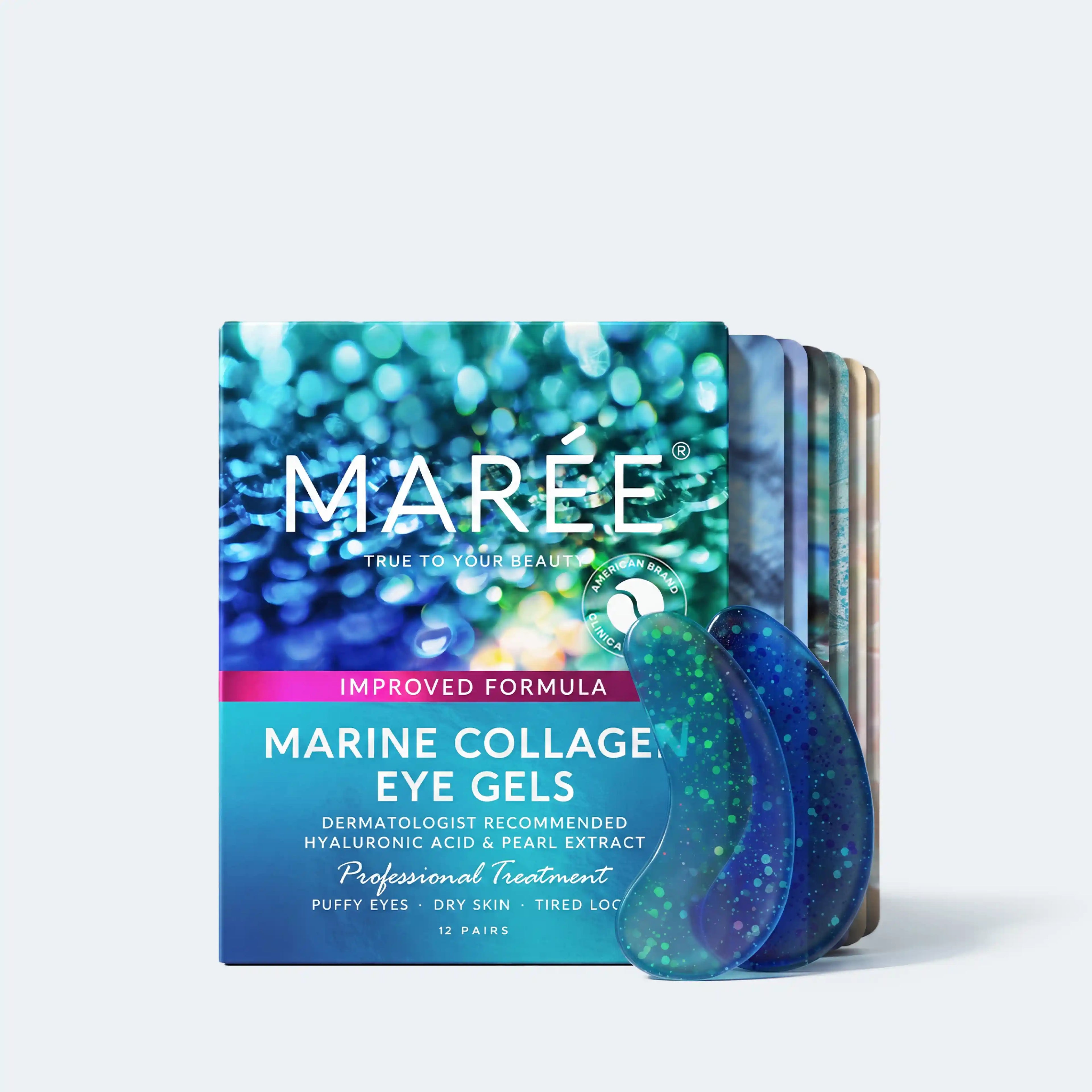 Marine Collagen Eye Gels by Marée, showing the retail box with a blue bokeh background and three individual gel pads in front on a light gray studio background.