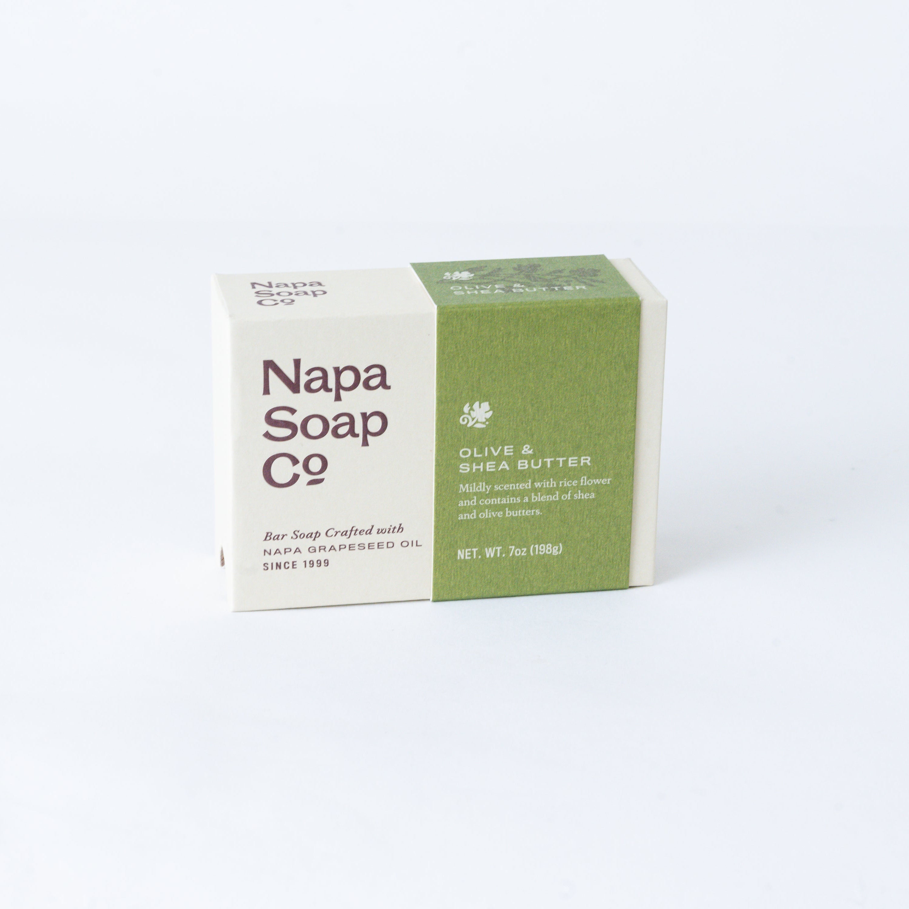 Napa Soap Co. olive and shea butter soap bar with packaging on a white background