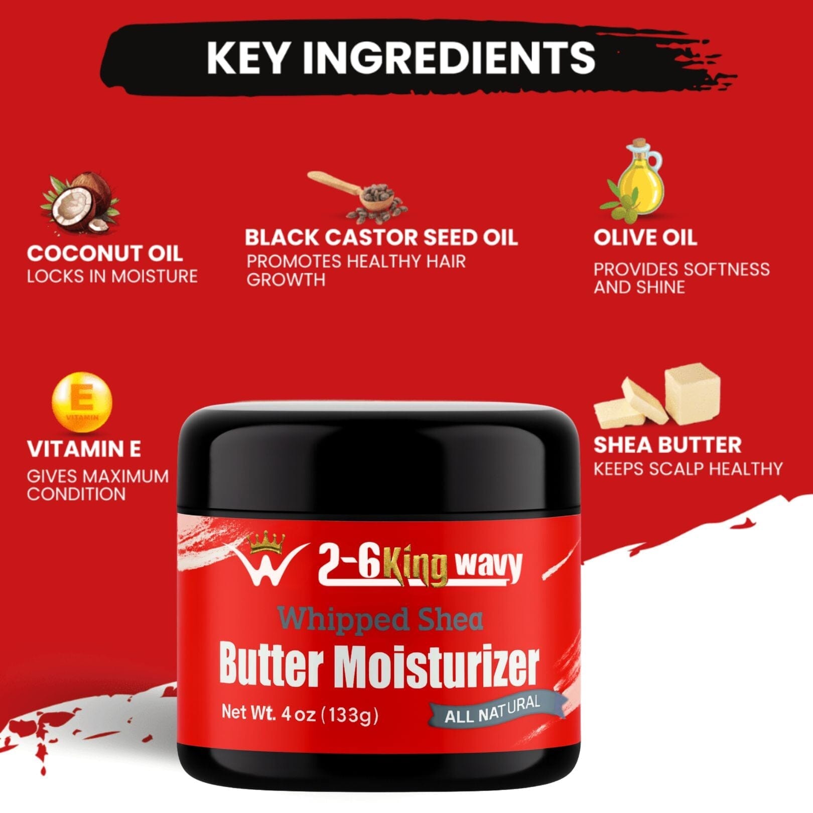 Red container of 2-6 King Wavy Whipped Shea Butter Moisturizer with key ingredients listed on a red background.