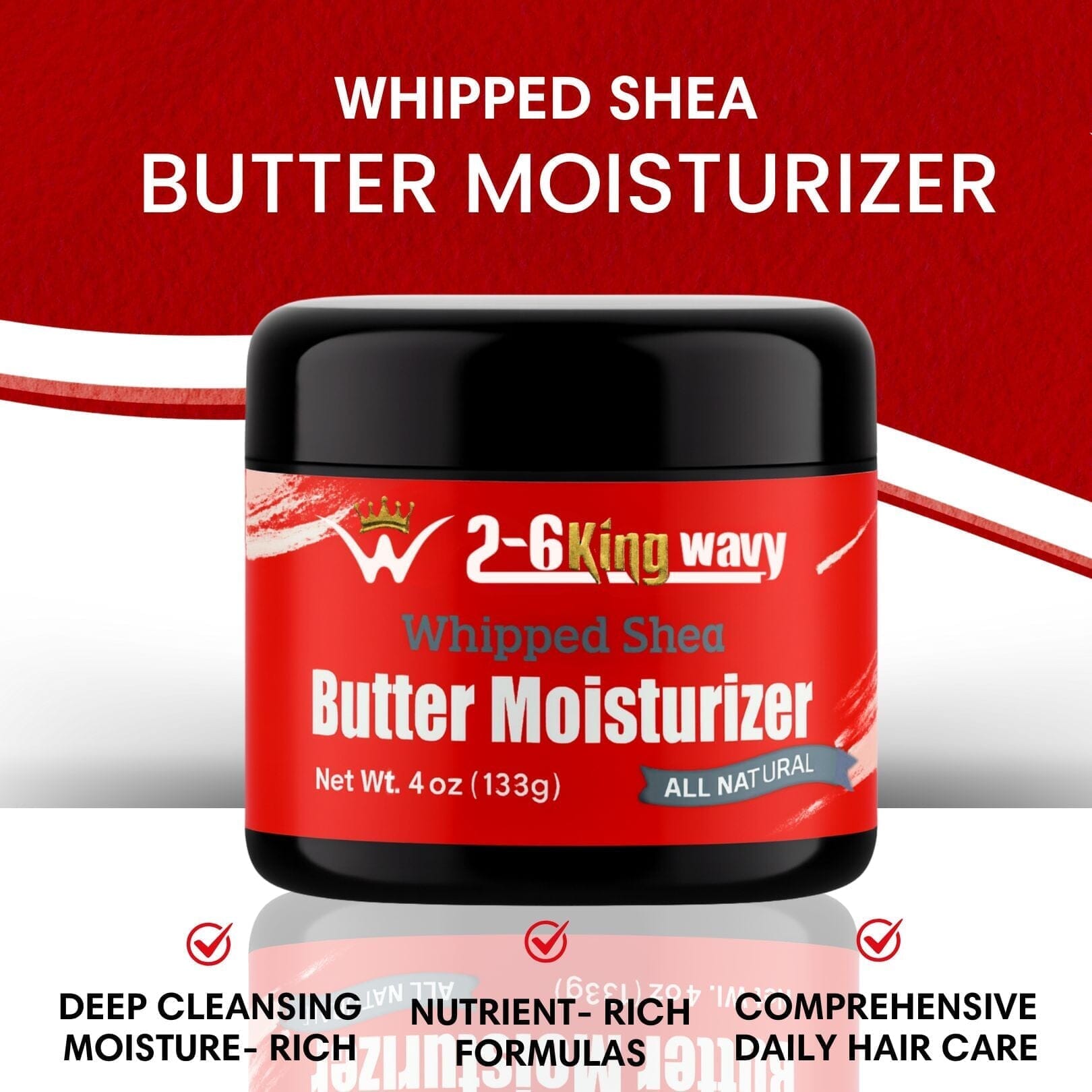 Whipped shea butter moisturizer jar with red label and black lid on a white background