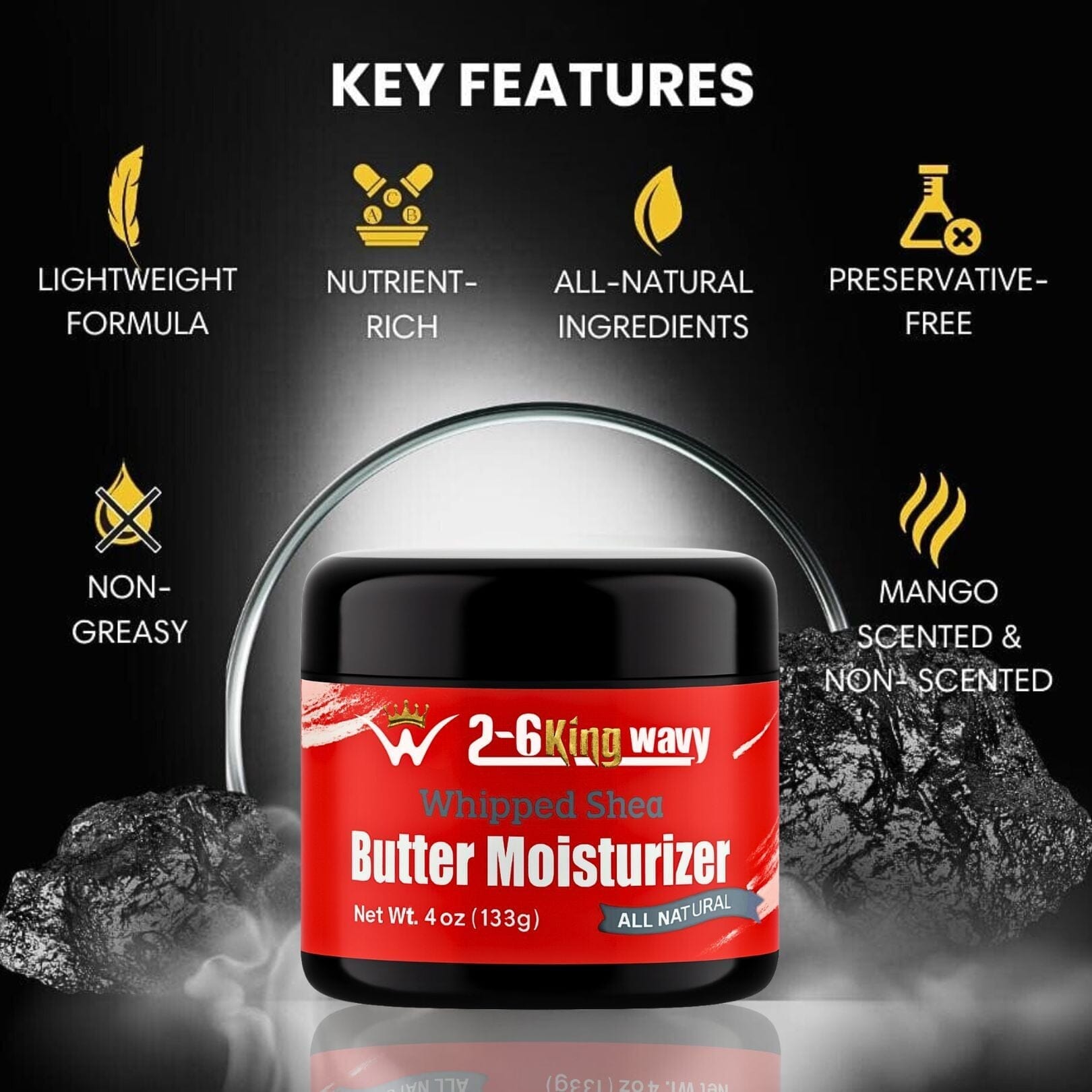 Whipped Shea Butter Moisturizer container with key features listed on a black background