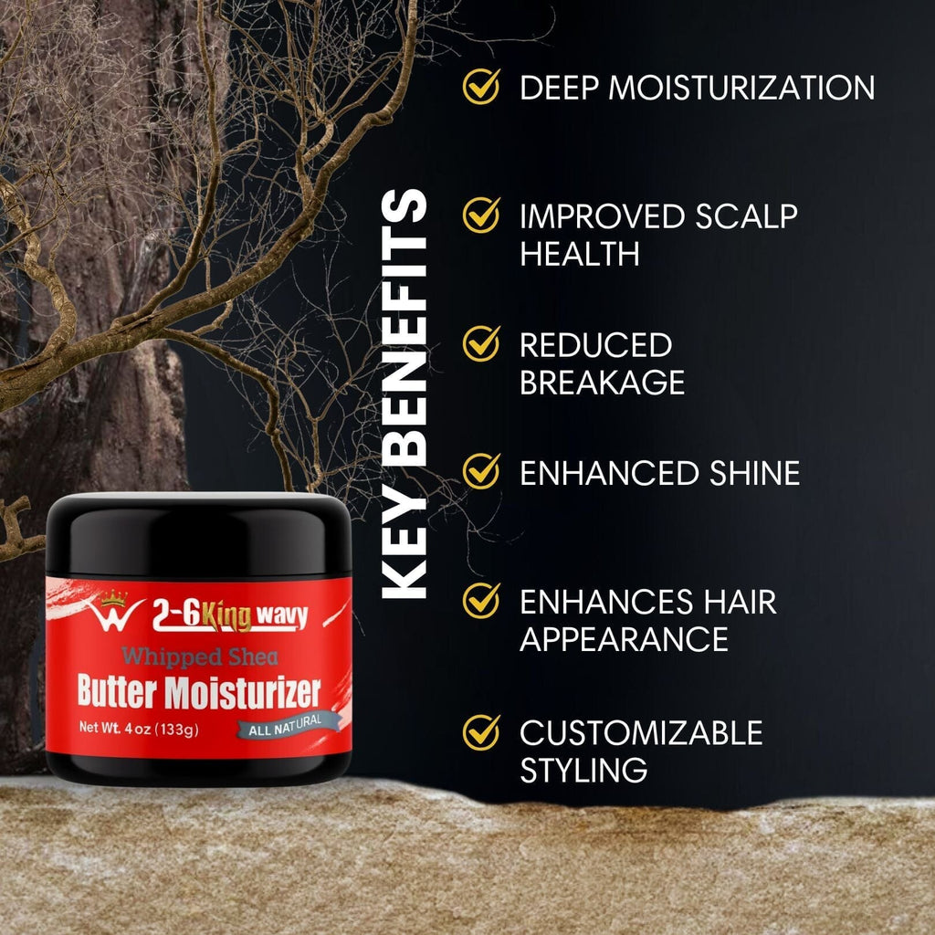 Red jar of 2 King Wavy Butter Moisturizer with key benefits listed on a dark background