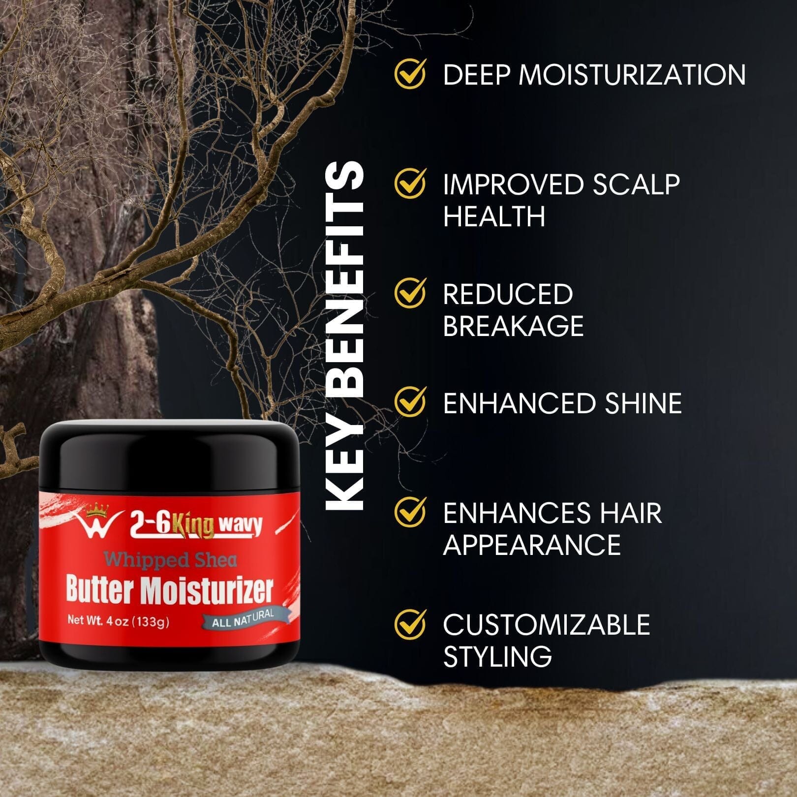 Red jar of 2 King Wavy Butter Moisturizer with key benefits listed on a dark background