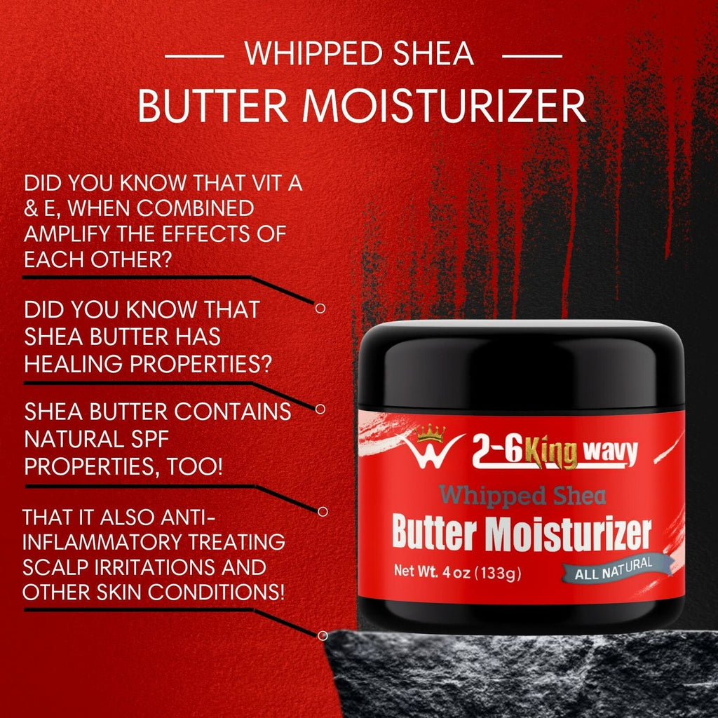 Whipped shea butter moisturizer jar with text on a red background