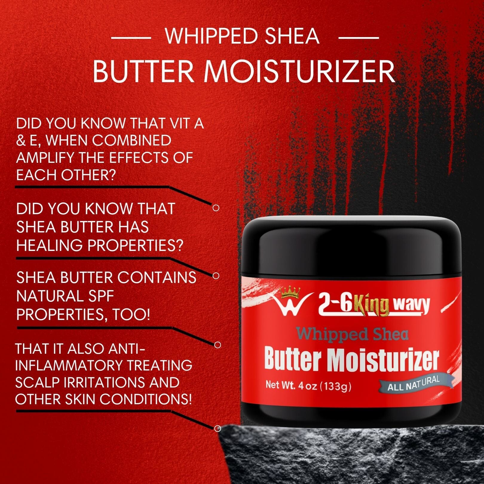 Whipped shea butter moisturizer jar with text on a red background