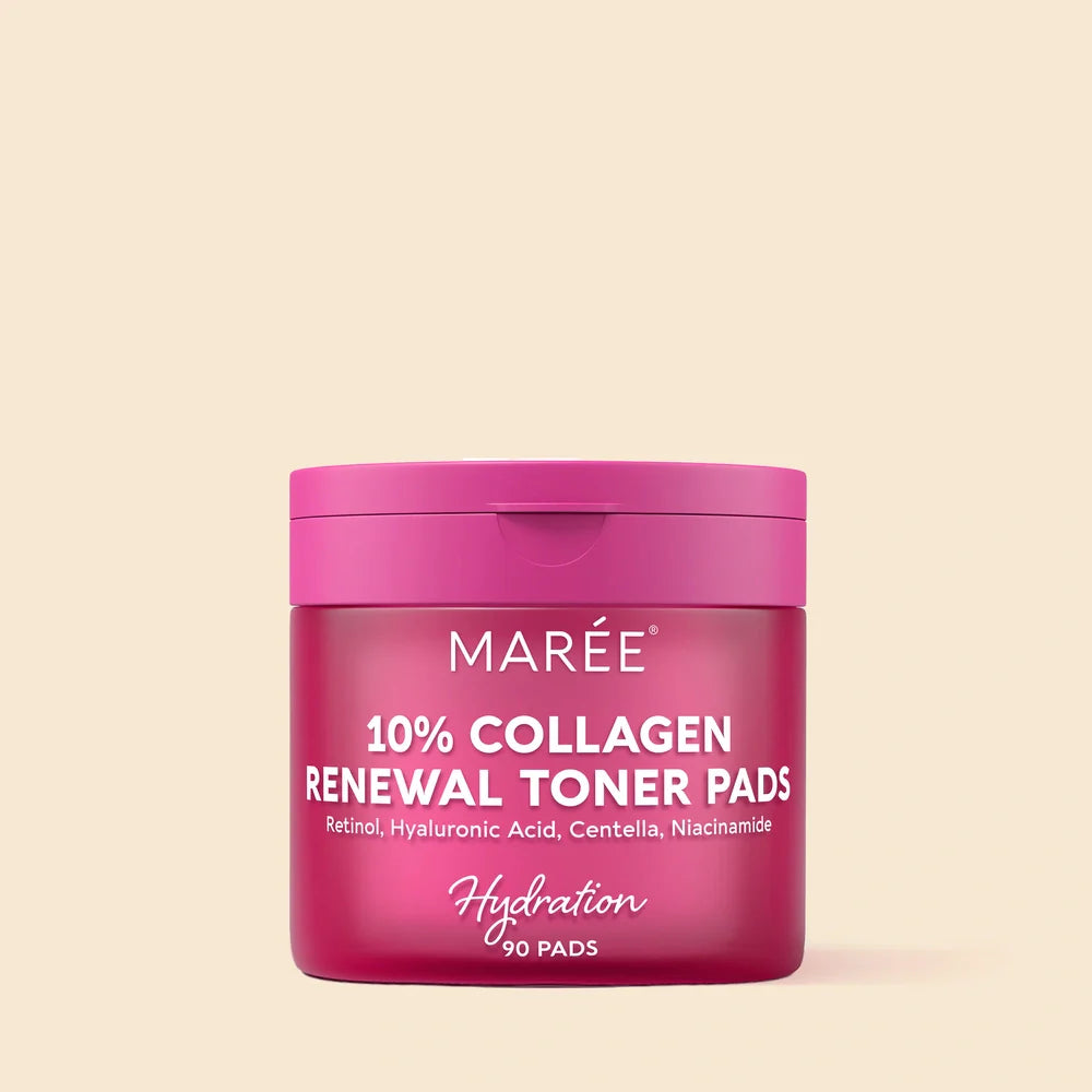 Jar of Maree 10% Collagen Renewal Toner Pads on a beige background