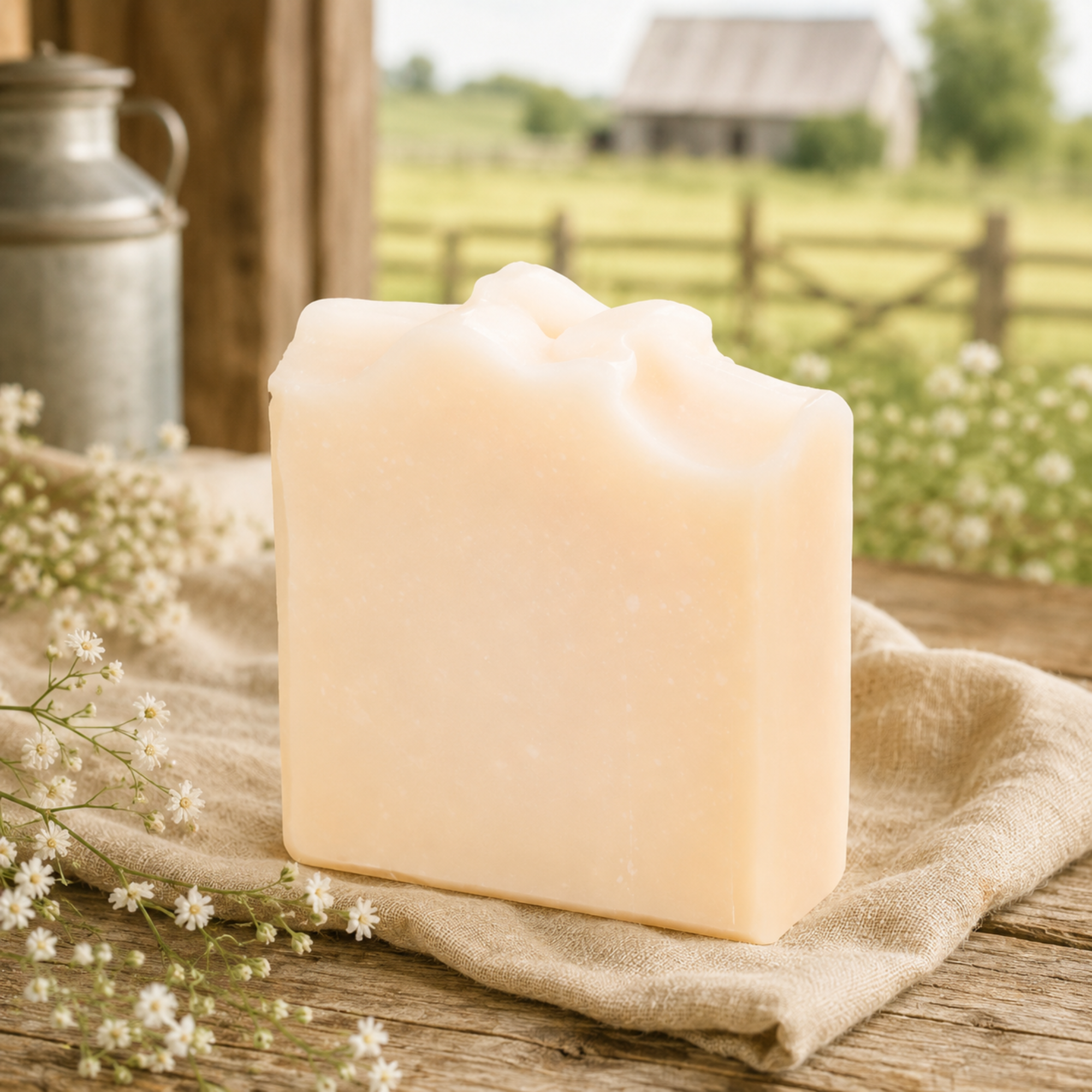 A rectangular bar of pale peach-colored soap standing upright on a beige linen cloth over a rustic wooden table, with small white flowers in the foreground and a blurred outdoor farm scene in the background.