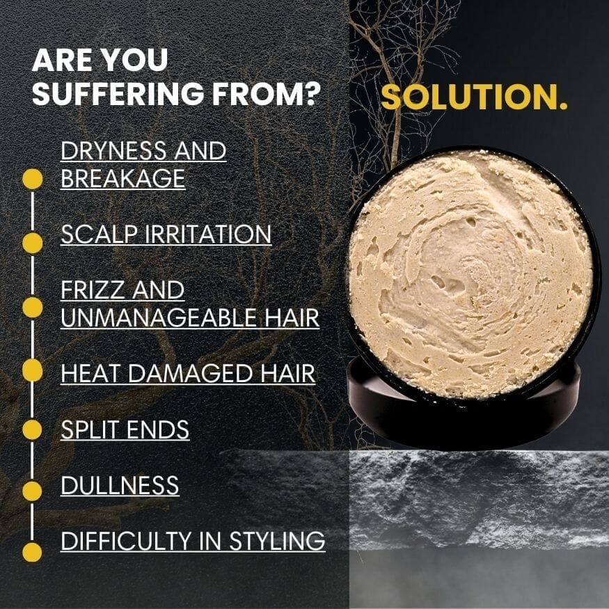 Product advertisement for hair care solution with text highlighting issues and a close-up of the product.