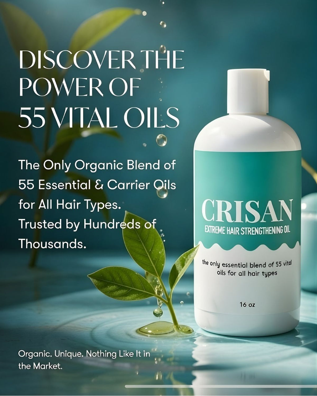 Bottle of CRISAN hair oil with green leaves and water droplets on a blue background
