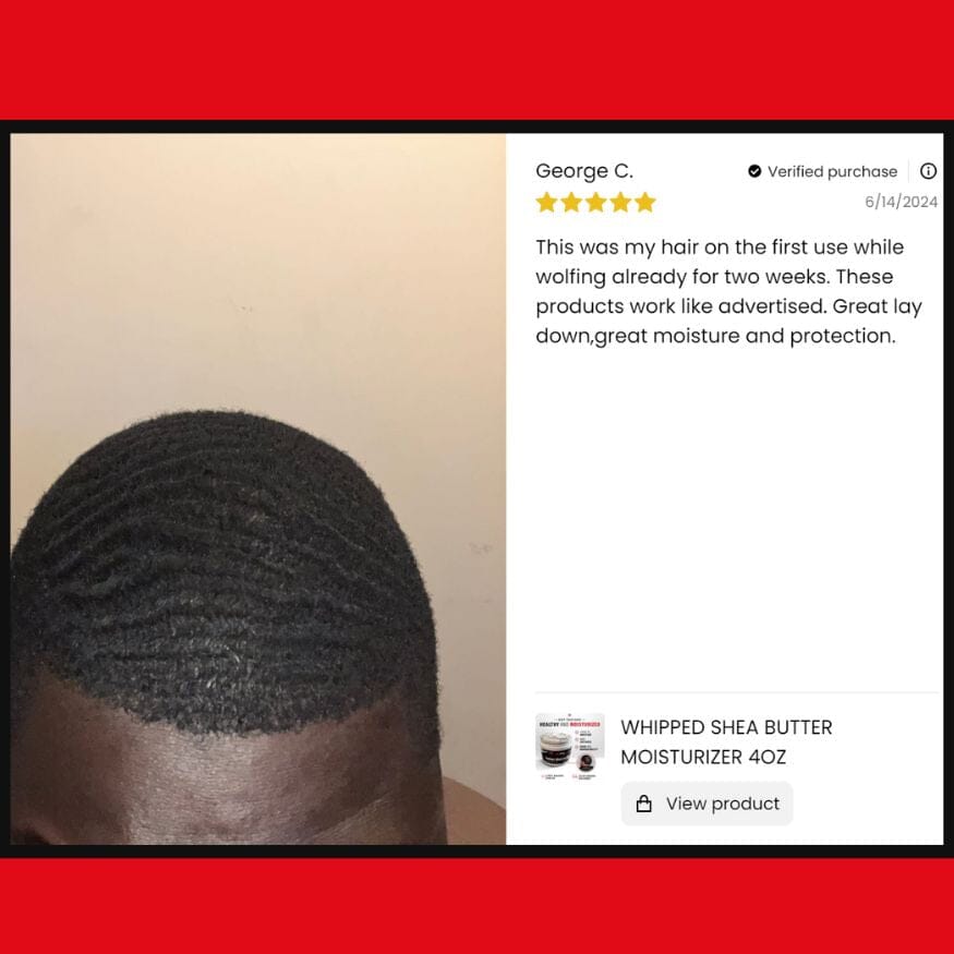 Back of a head with textured hair, product review on the right side.