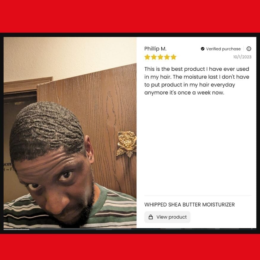 Product review for whipped shea butter moisturizer with a person's face and text overlay.