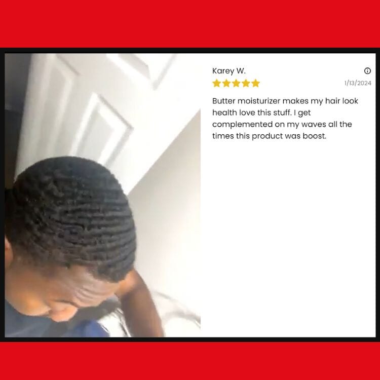 Person with styled hair and a five-star review on a red and white background