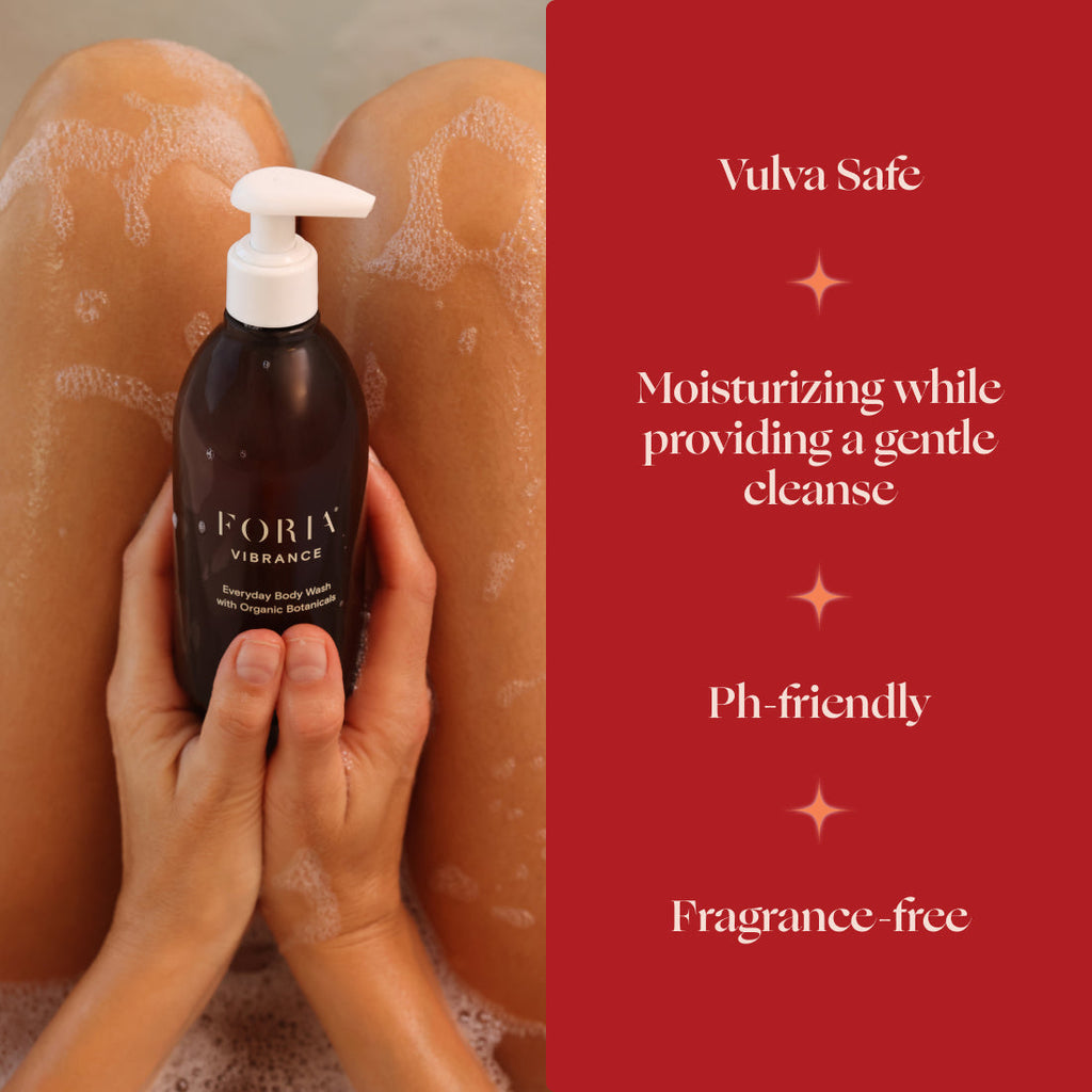 Person holding a bottle of FORIA VIBRANCE with a red background featuring product benefits.