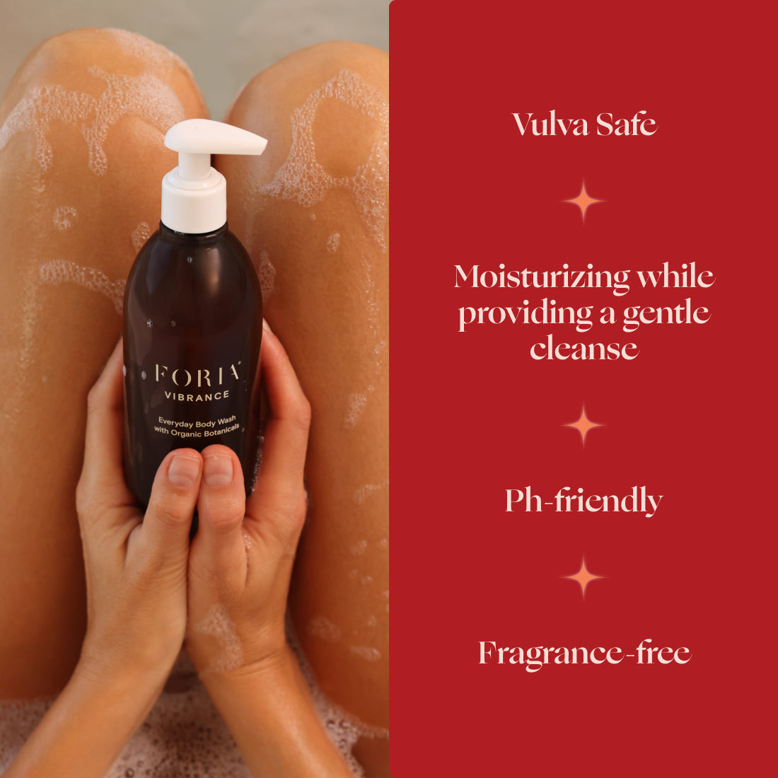 Person holding a bottle of FORIA VIBRANCE with a red background featuring product benefits.