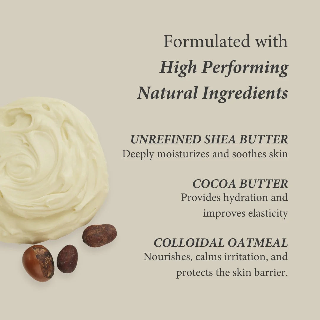 Unrefined shea butter, cocoa butter, and colloidal oatmeal with text on a beige background
