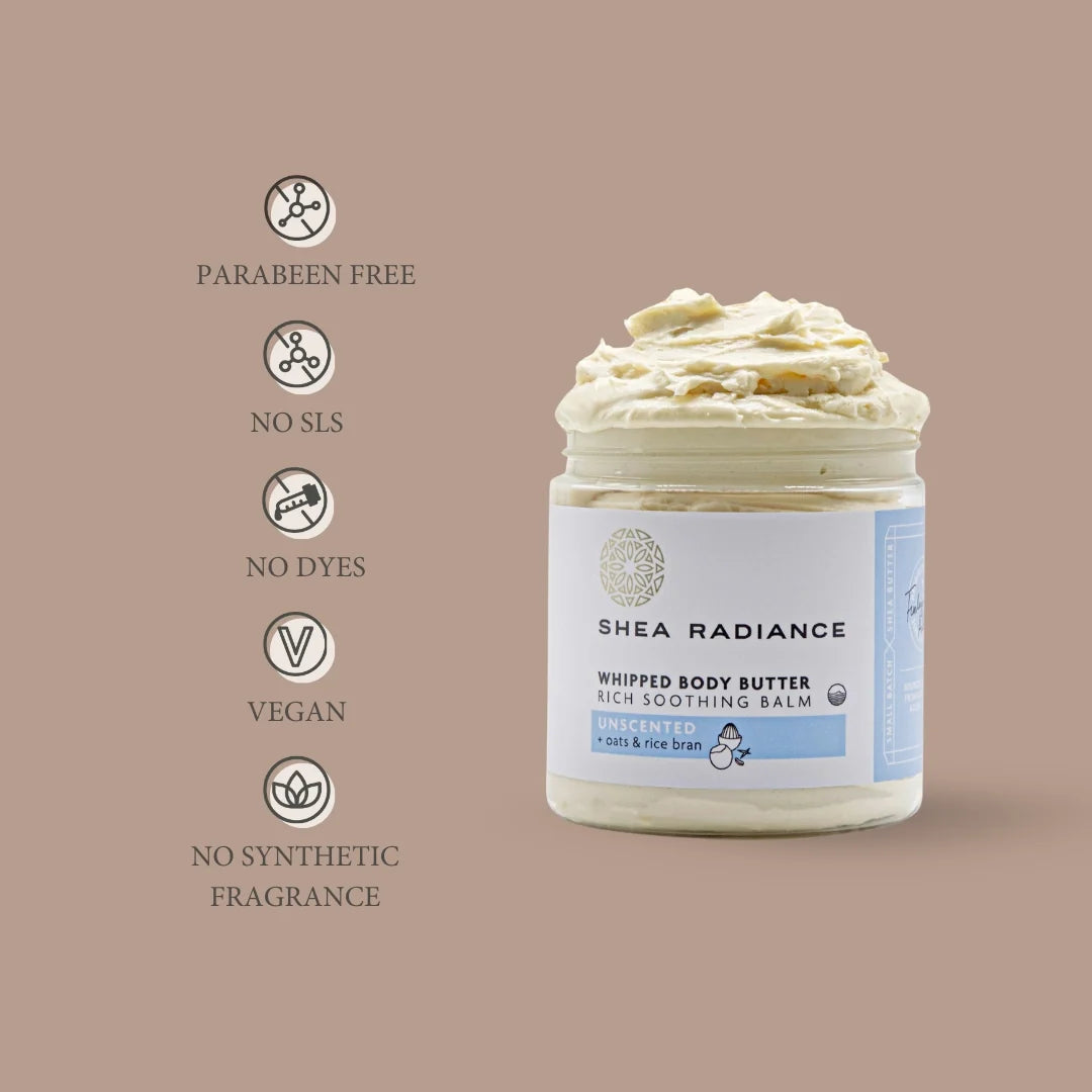 Jar of Shea Radiance whipped body butter on a beige background with product features listed.