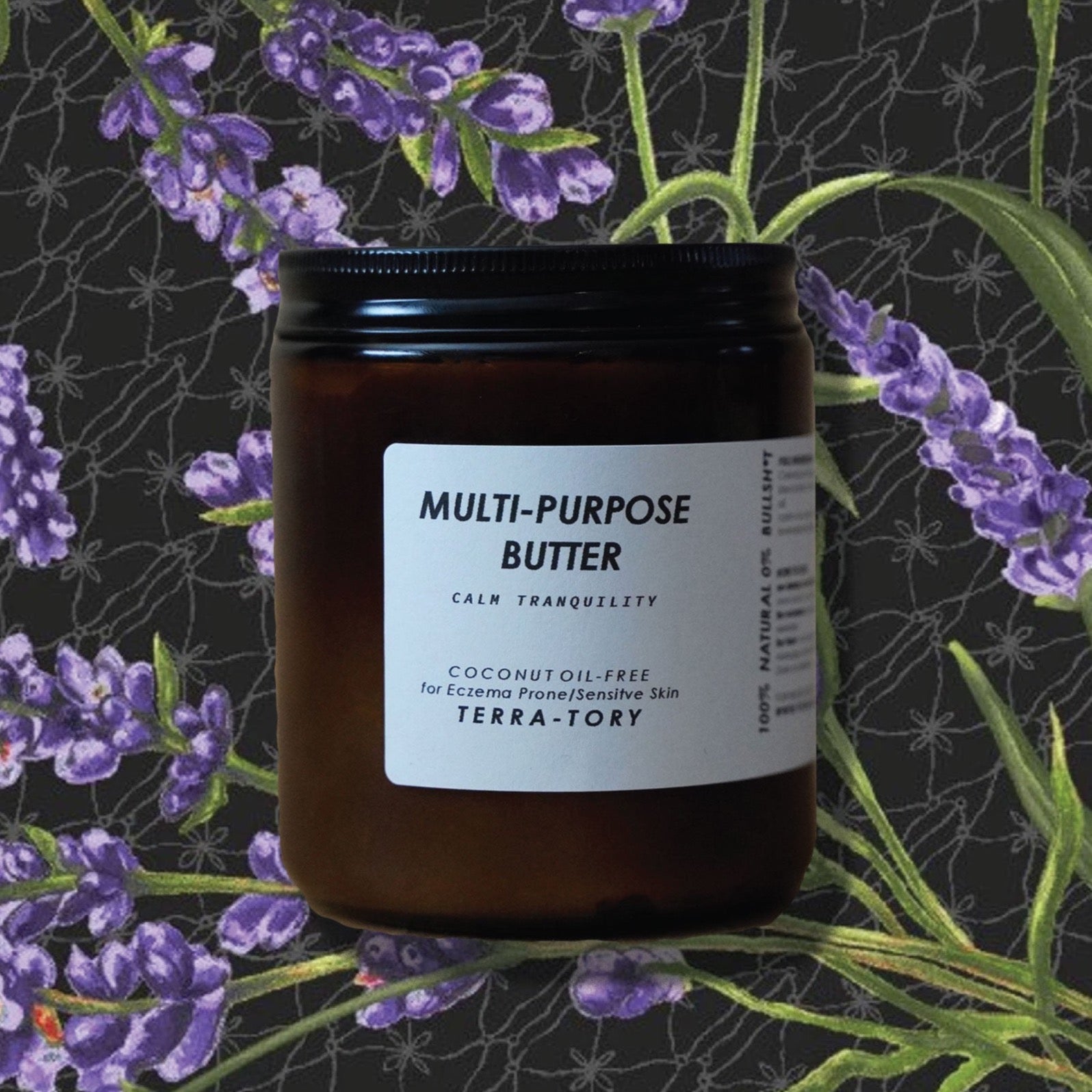 Jar of multi-purpose butter with lavender flowers in the background