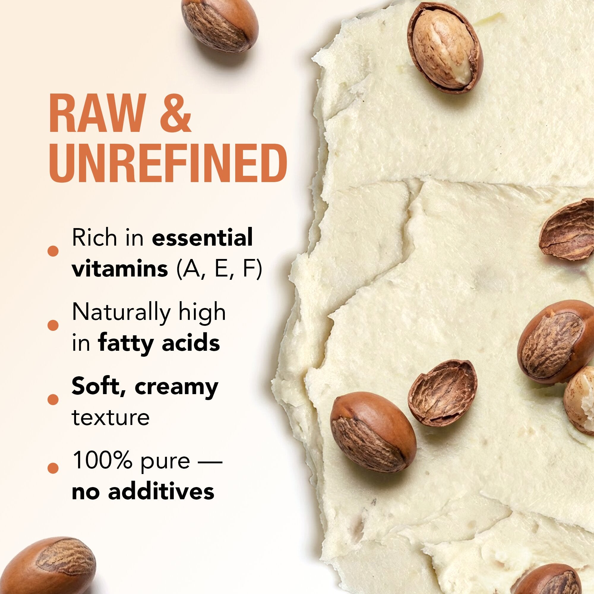 Nuts on a creamy substance with text highlighting its properties.