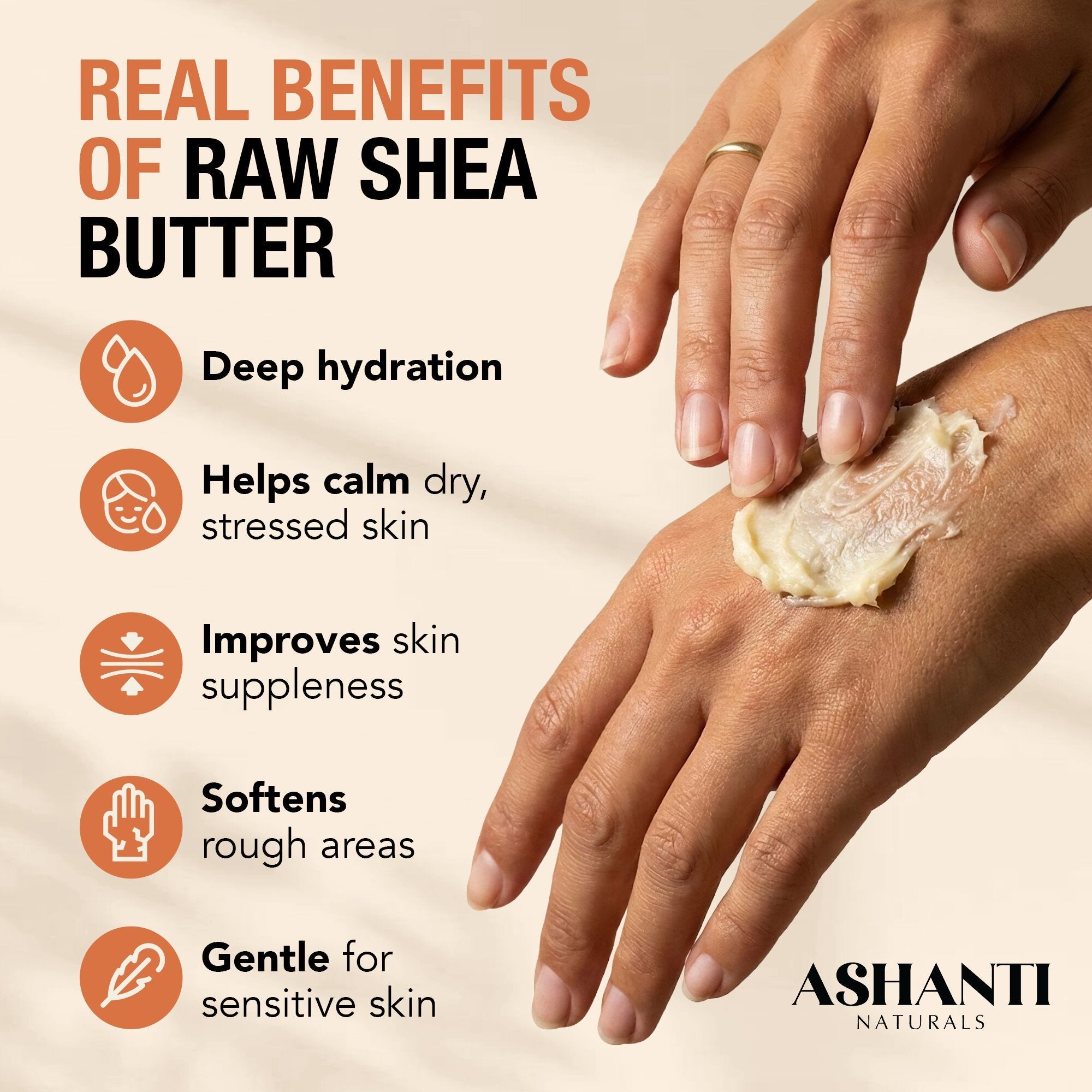 Hand applying raw shea butter with text listing benefits on a beige background, featuring Ashanti Naturals branding.