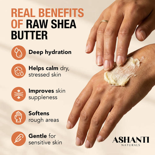 Hand applying raw shea butter with text listing benefits on a beige background, featuring Ashanti Naturals branding.