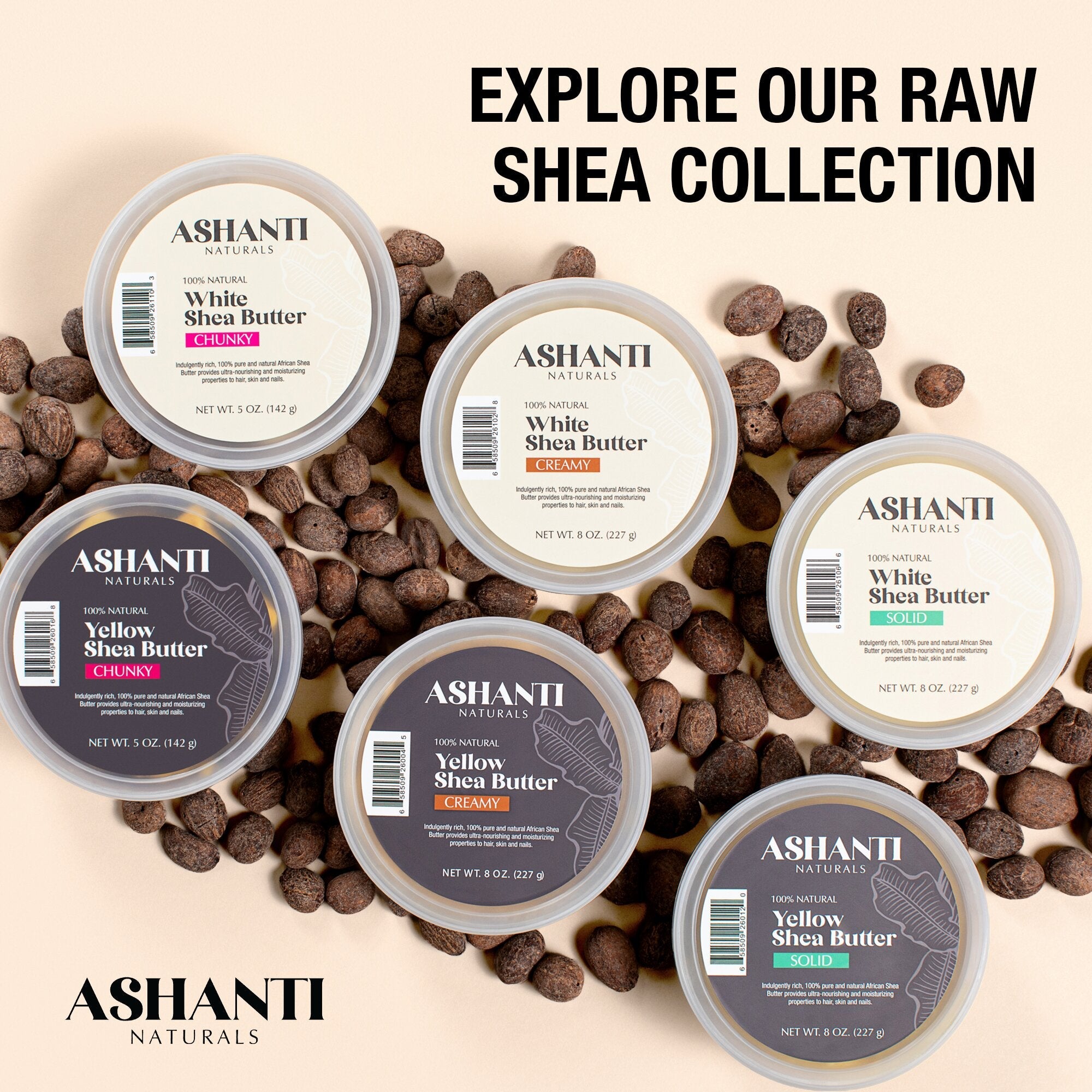 ASHANTI Naturals raw shea butter collection with various products on a beige background