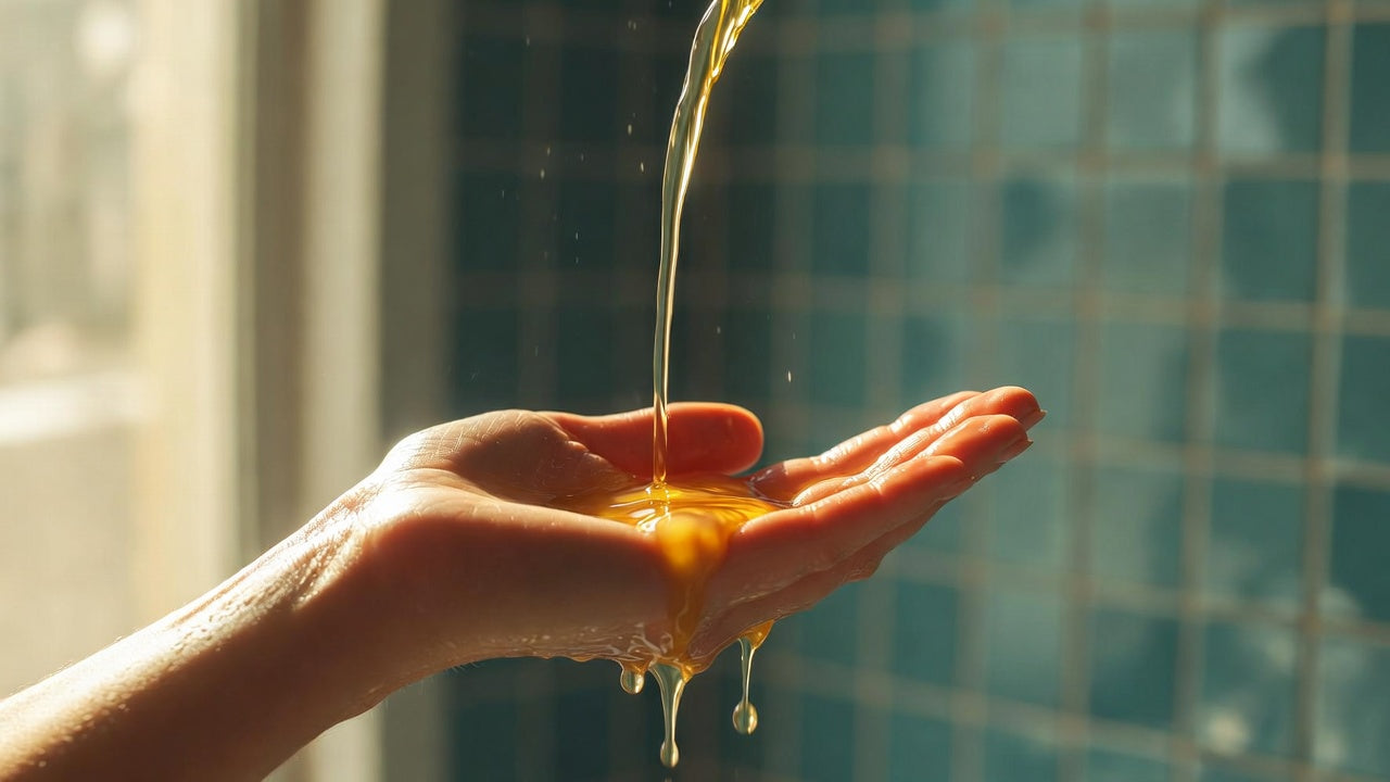 Hand receiving a stream of yellow liquid, possibly honey, against a blurred tiled wall background.